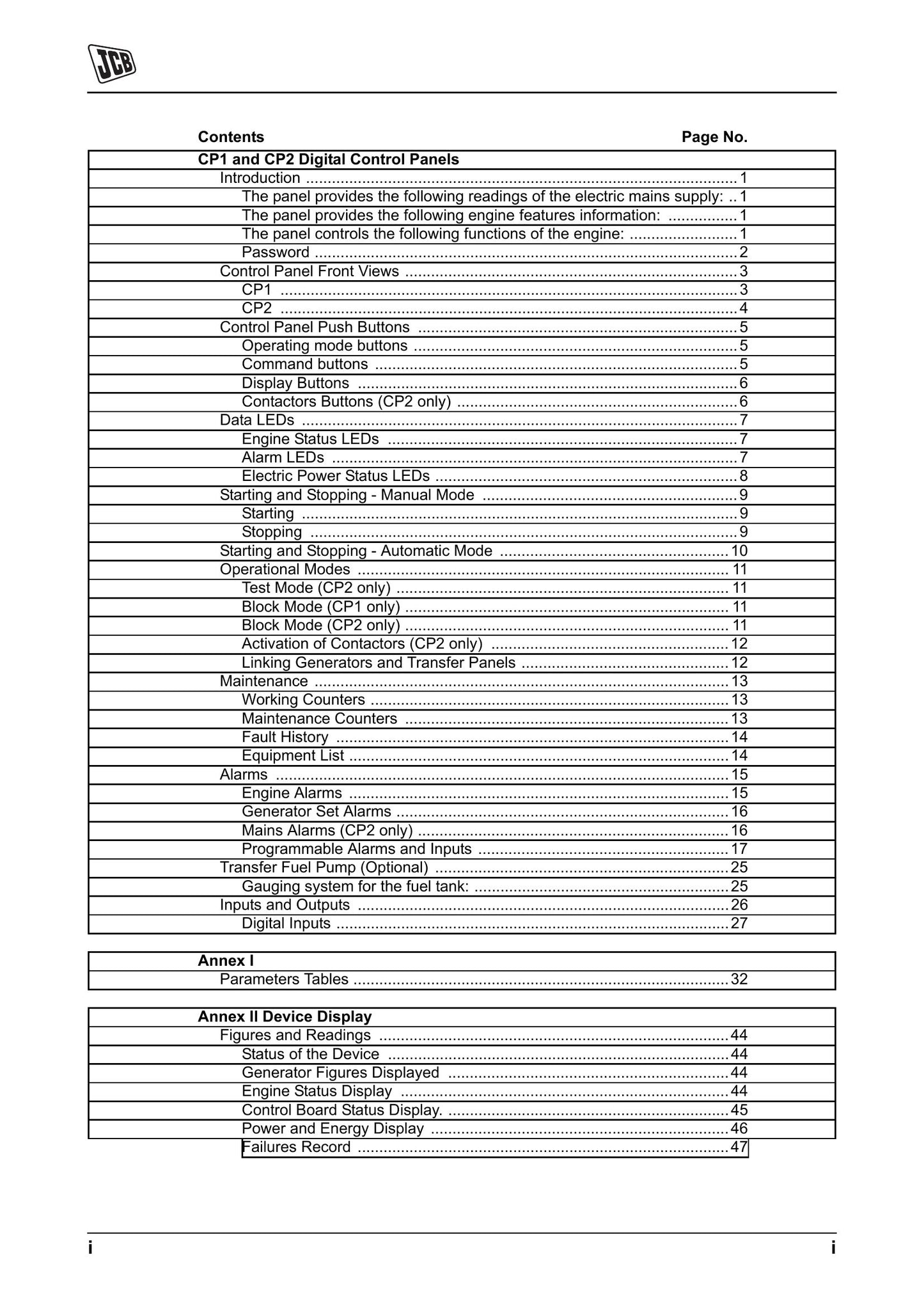 JCB CP1 CP2 Digital Control Panels Manual 9803/9985-1