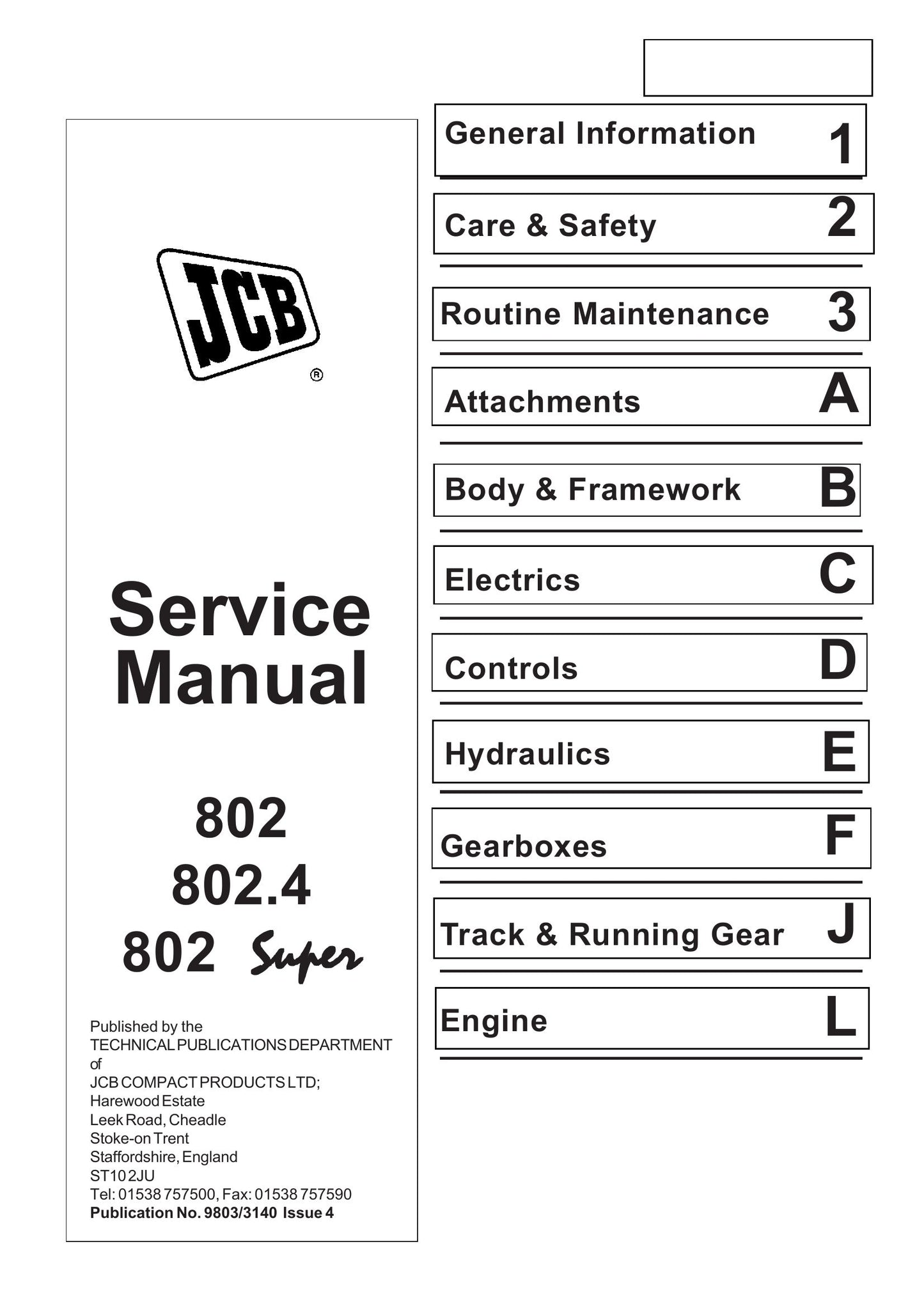 JCB 802 802.4 802 Super Mini Excavator Factory Workshop Service Manual 9803/3140