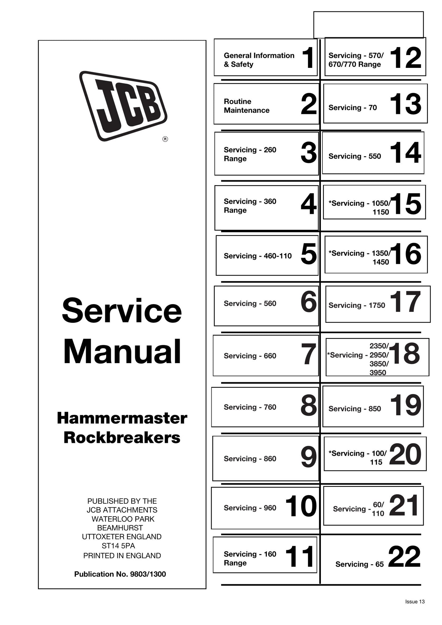 JCB 60 65 70 100 110 115 160 260 360 460-110 550 560 570 660 670 760 770 850 860 960 1050 1150 1350 1450 1750 2350 2950 3850 3950 Hammermaster Rockbreaker Factory Workshop Service Manual 9803/1300