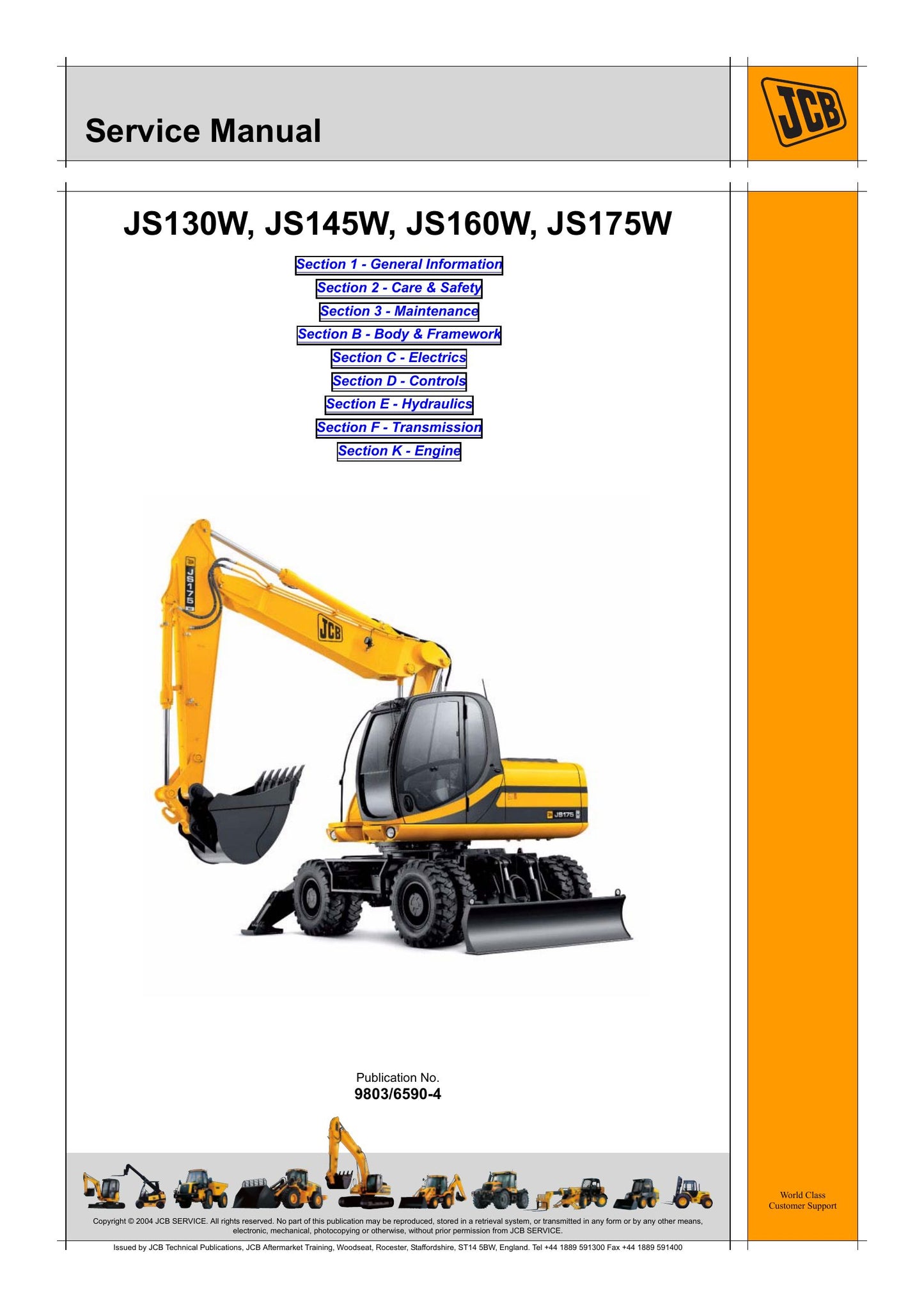 JCB JS130W JS145W JS160W JS175W Wheeled Excavator Factory Workshop Service Manual 9803/6590