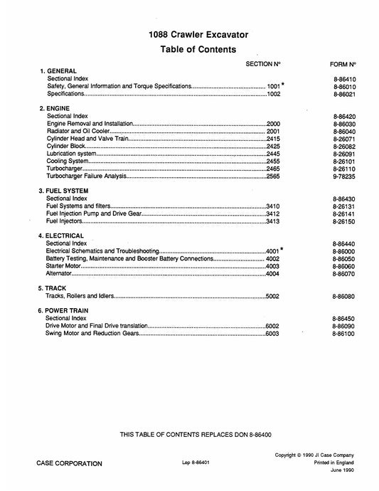 CASE 1088 Crawler Excavator Factory Workshop Parts Catalog 8-86400