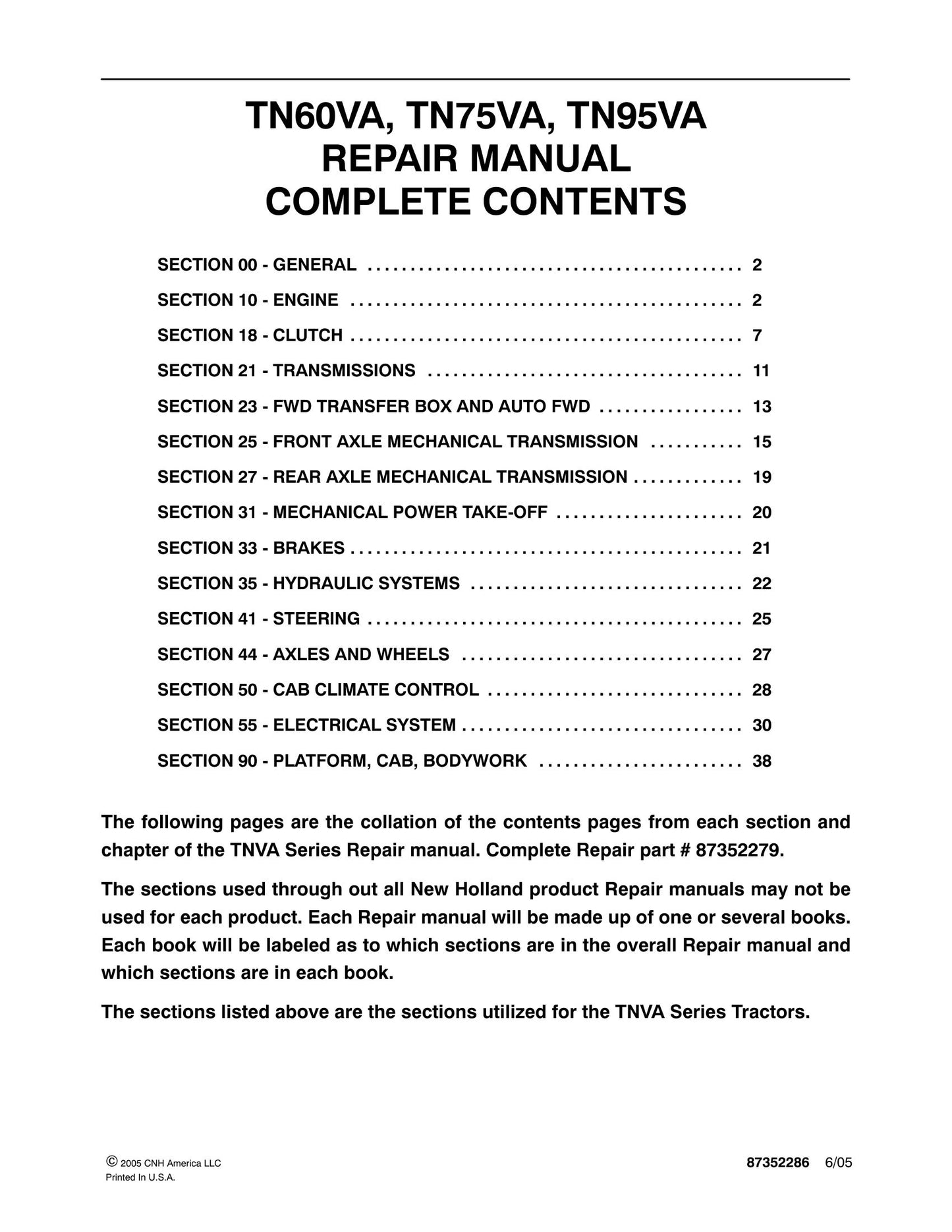 New Holland TN60VA TN75VA TN95VA Tractor Factory Workshop Repair Manual 87352286
