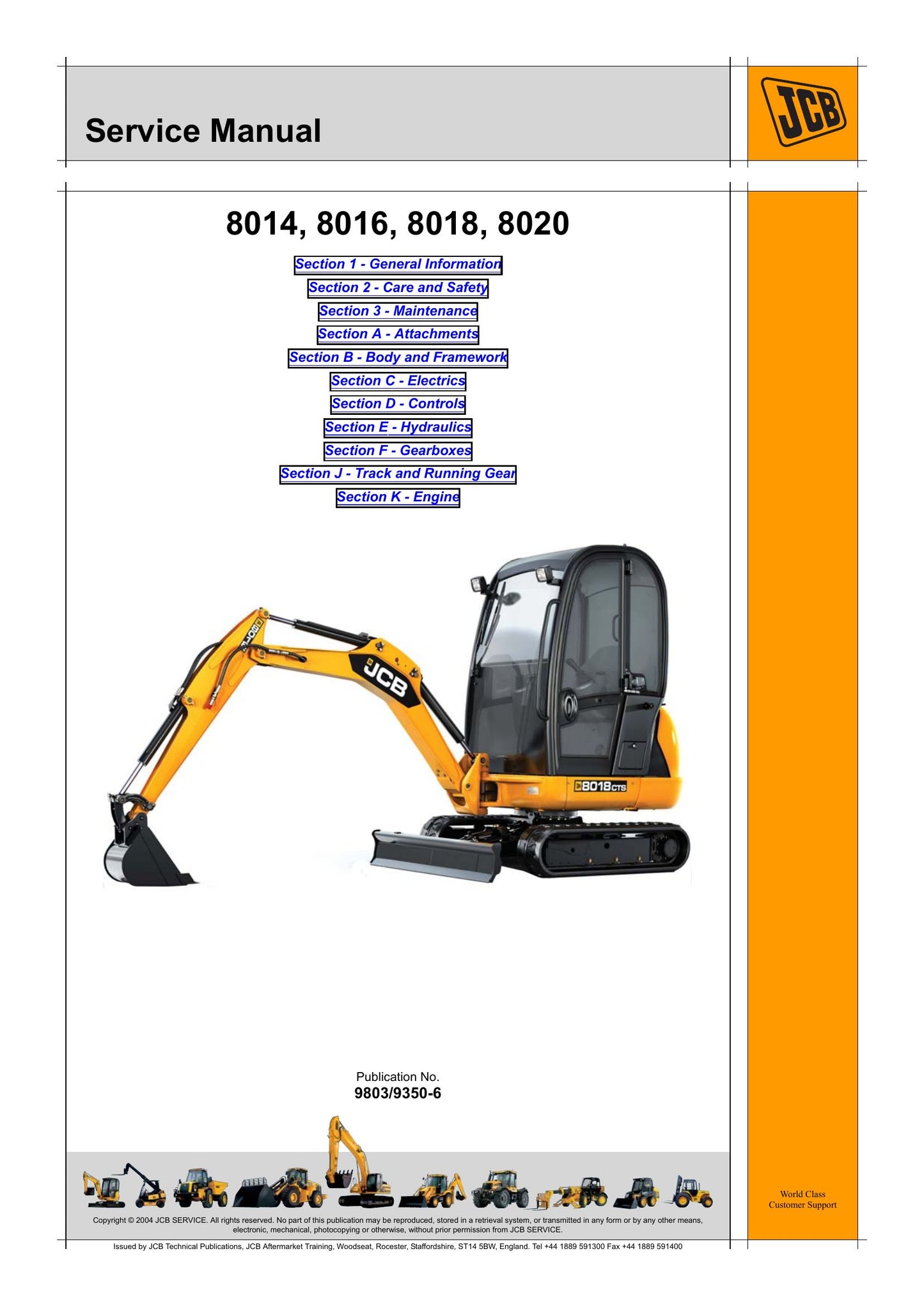 JCB 8014 8016 8018 8020 Mini Excavator Factory Workshop Service Manual 9803/9350