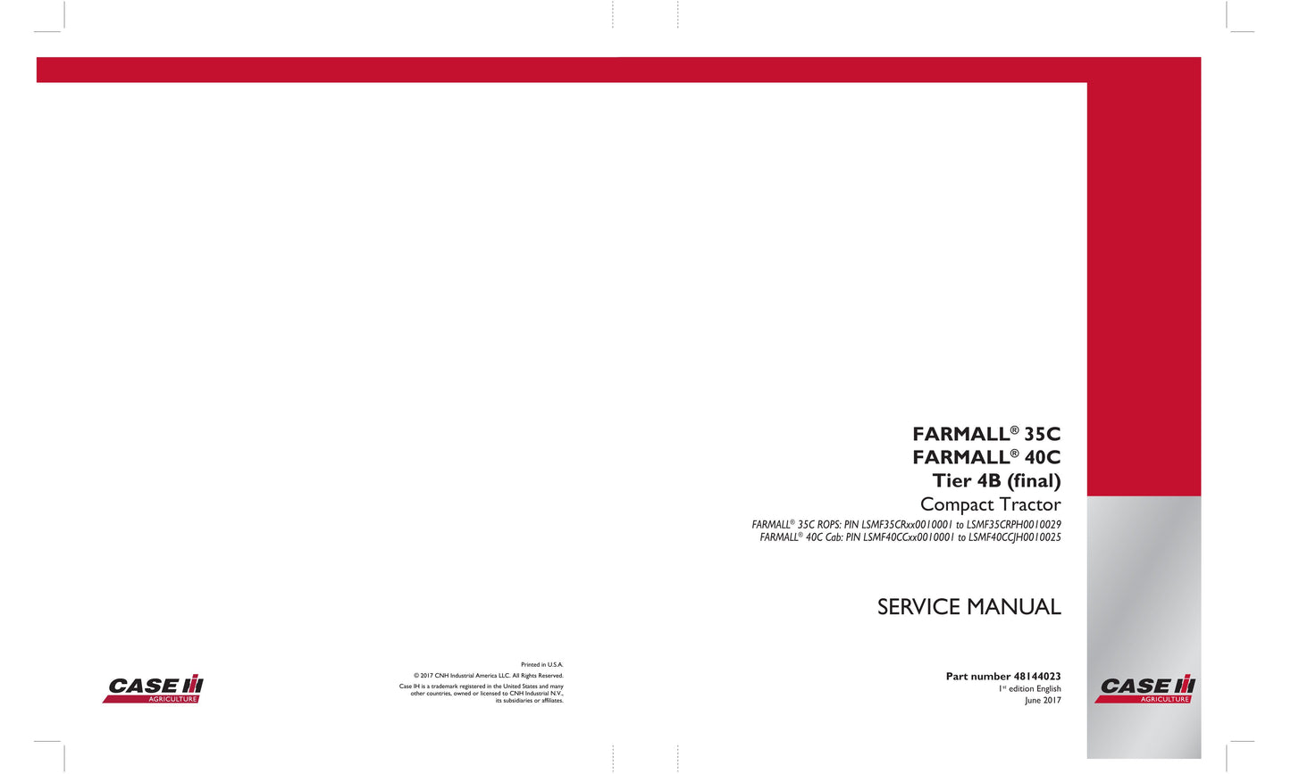 CASE Farmall 35C Farmall 40C Compact Tractor Factory Workshop Service Manual 48144023