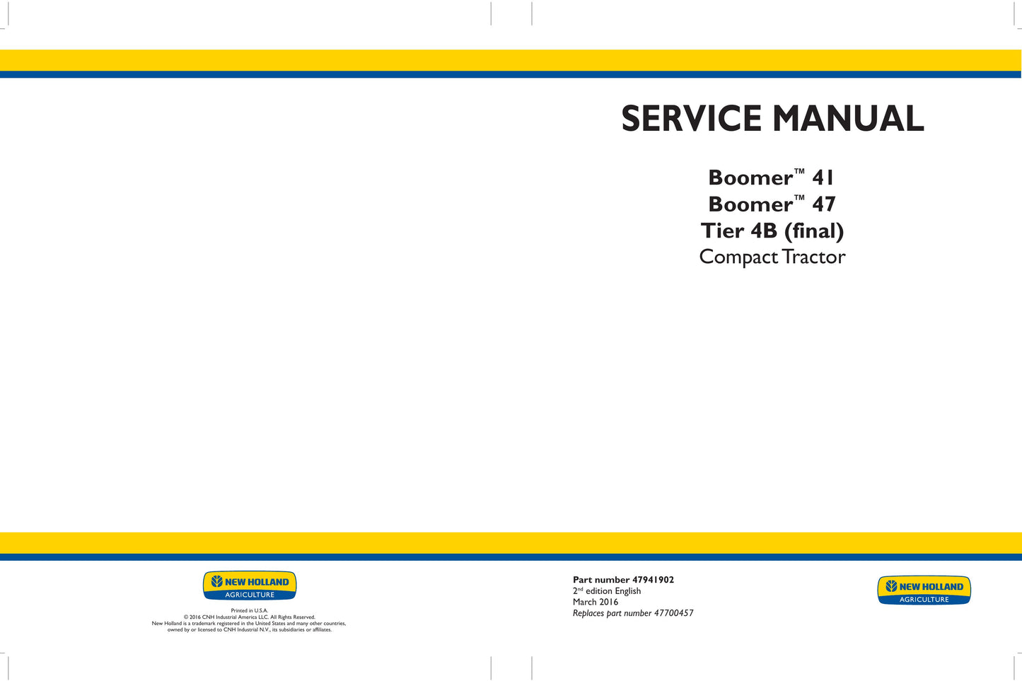 New Holland Boomer 41 Boomer 47 Tractor Factory Workshop Service Manual 47941902