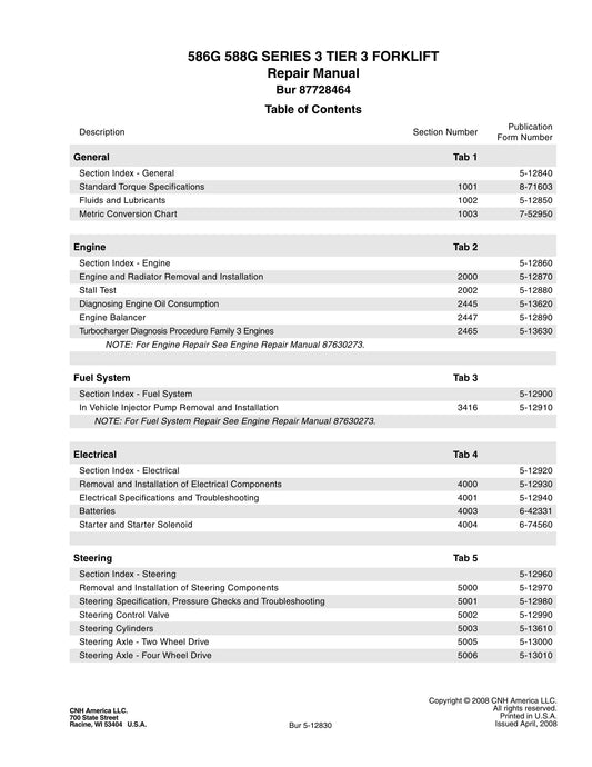 CASE 586G 588G Series 3 TIER 3 Forklift Factory Workshop Repair Manual 87728464