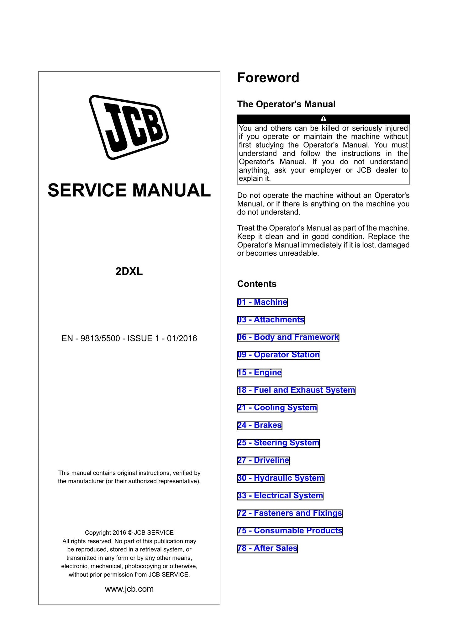 JCB 2DXL Backhoe Loader Factory Workshop Service Manual 9813/5500
