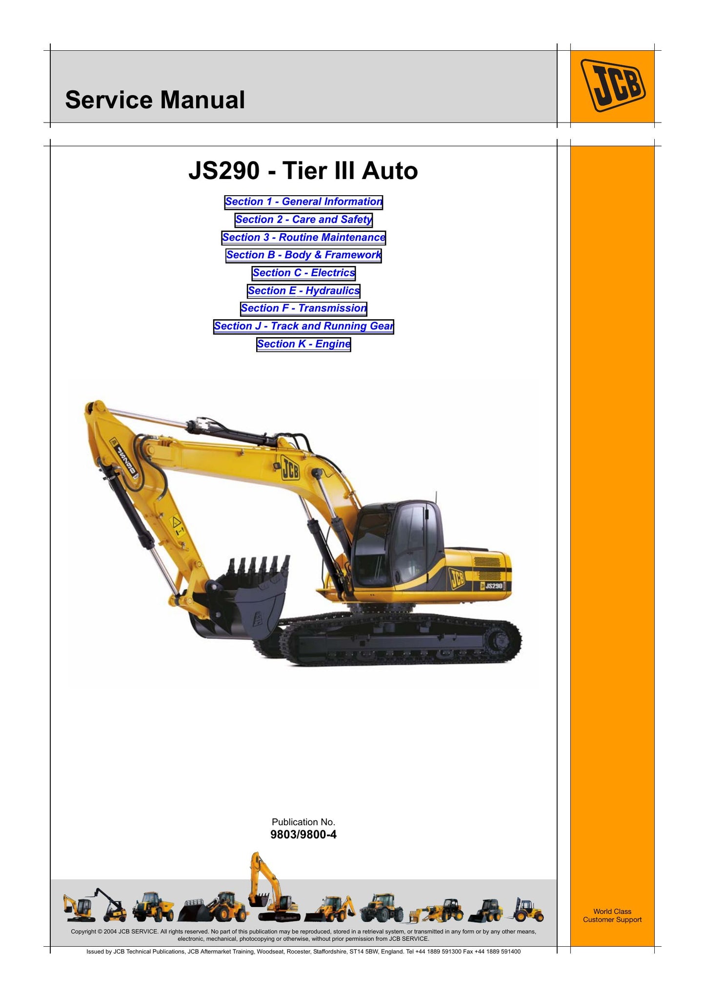 JCB JS290 Crawler Excavator Factory Workshop Service Manual 9803/9800-4