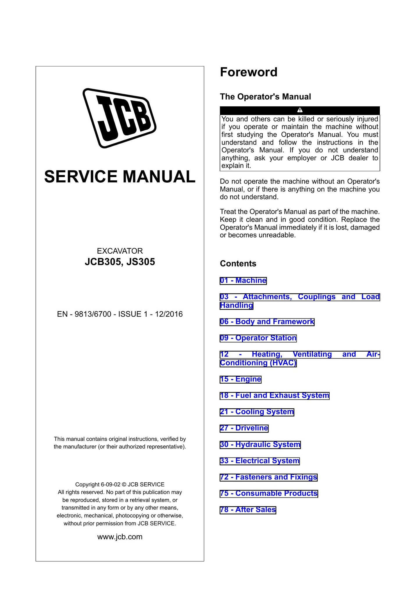 JCB 305 JS305 Excavator Factory Workshop Service Manual 9813/6700