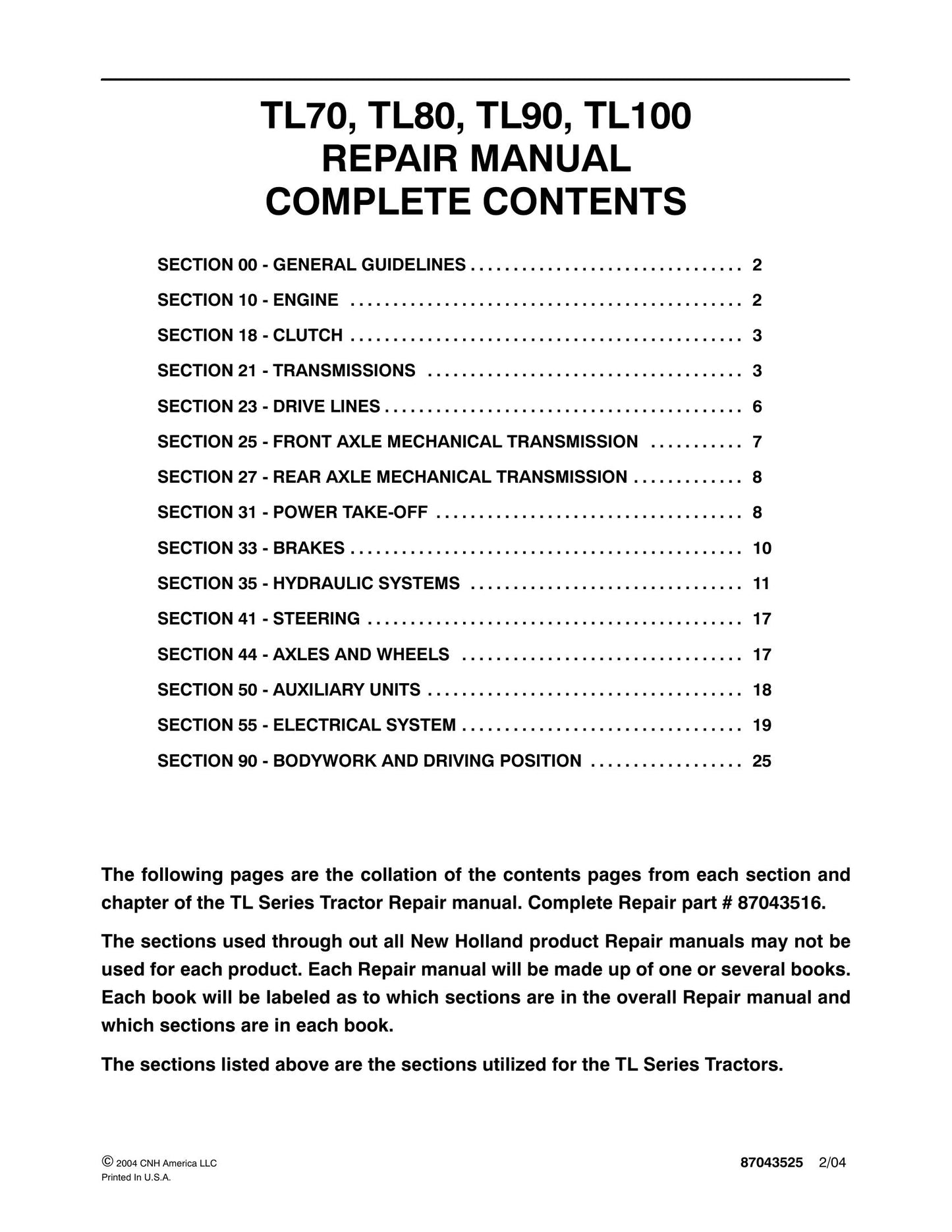 New Holland TL70 TL80 TL90 TL100 Tractor Factory Workshop Repair Manual 87043525
