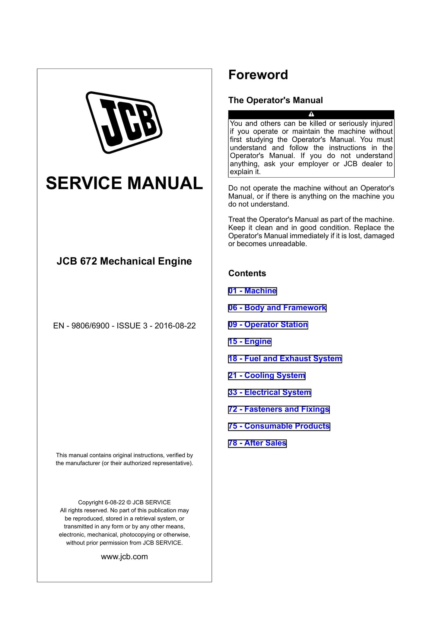 JCB 672 Mechanical Engine Factory Workshop Service Manual 9806/6900