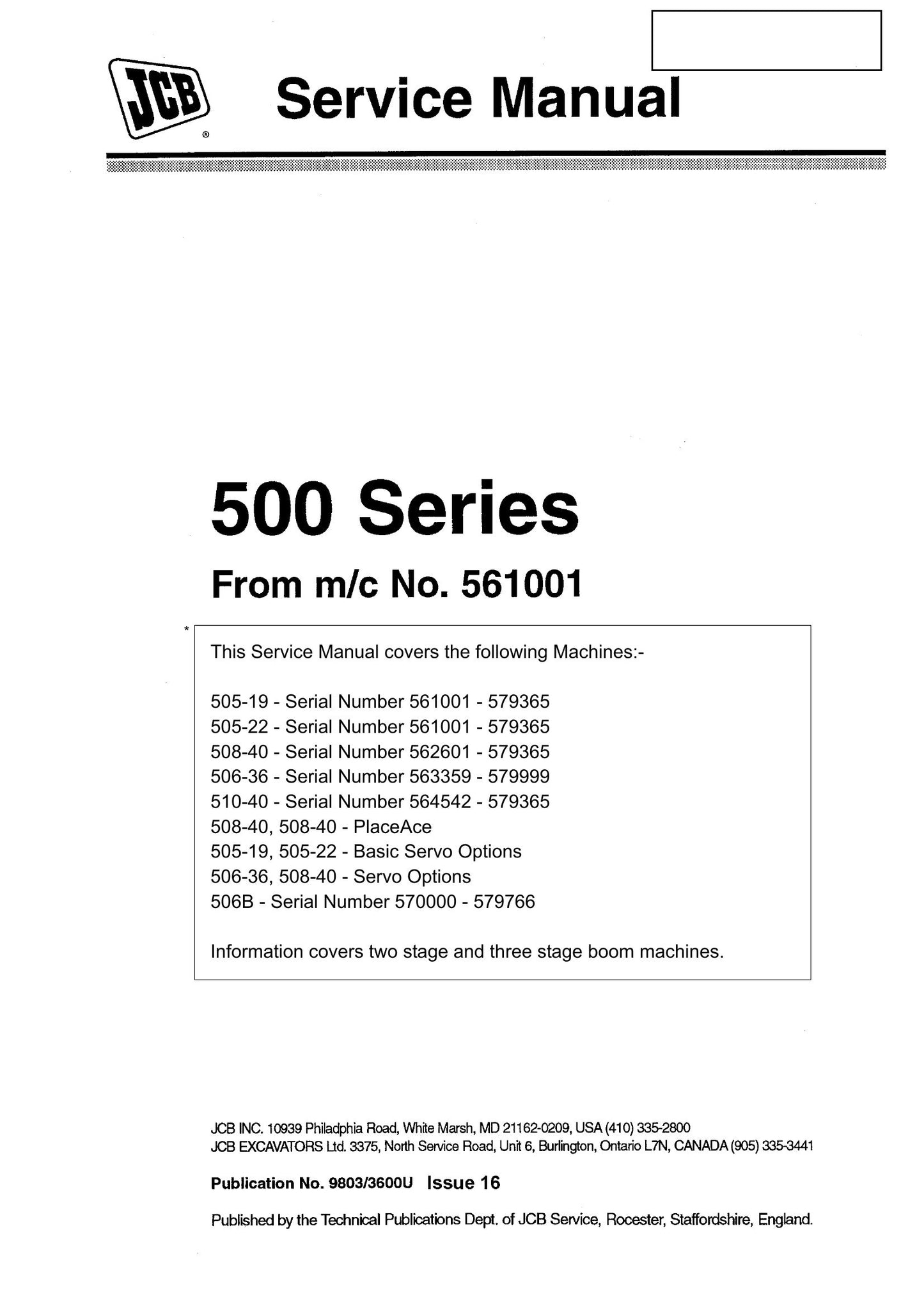 JCB 505-19 505-22 508-40 506-36 510-40 506B Loadall Factory Workshop Service Manual 9803/3600