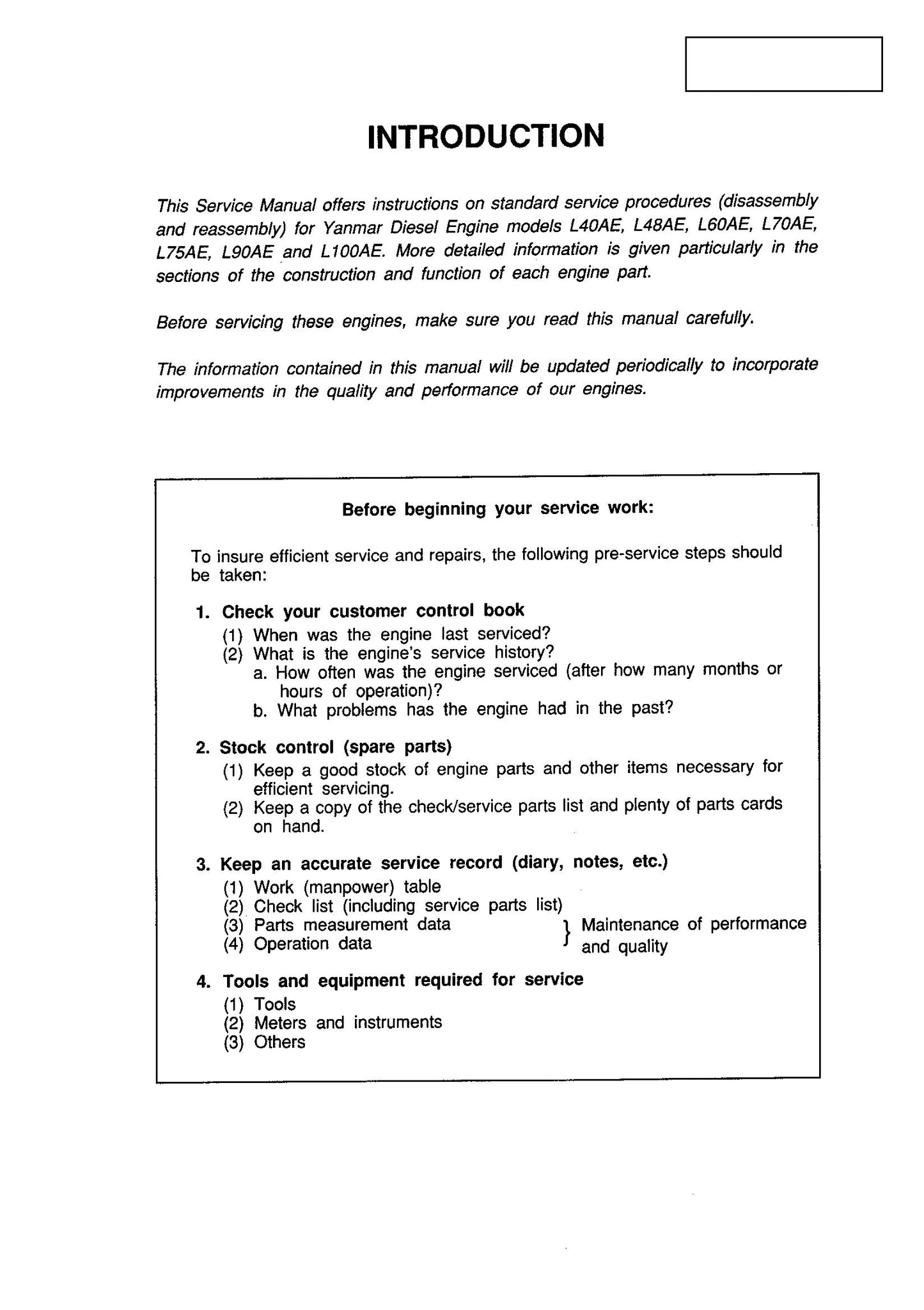 YANMAR L40AE L48AE L60AE L70AE L75AE L90AE L100AE Diesel Engine Factory Workshop Service Manual 9806-3075
