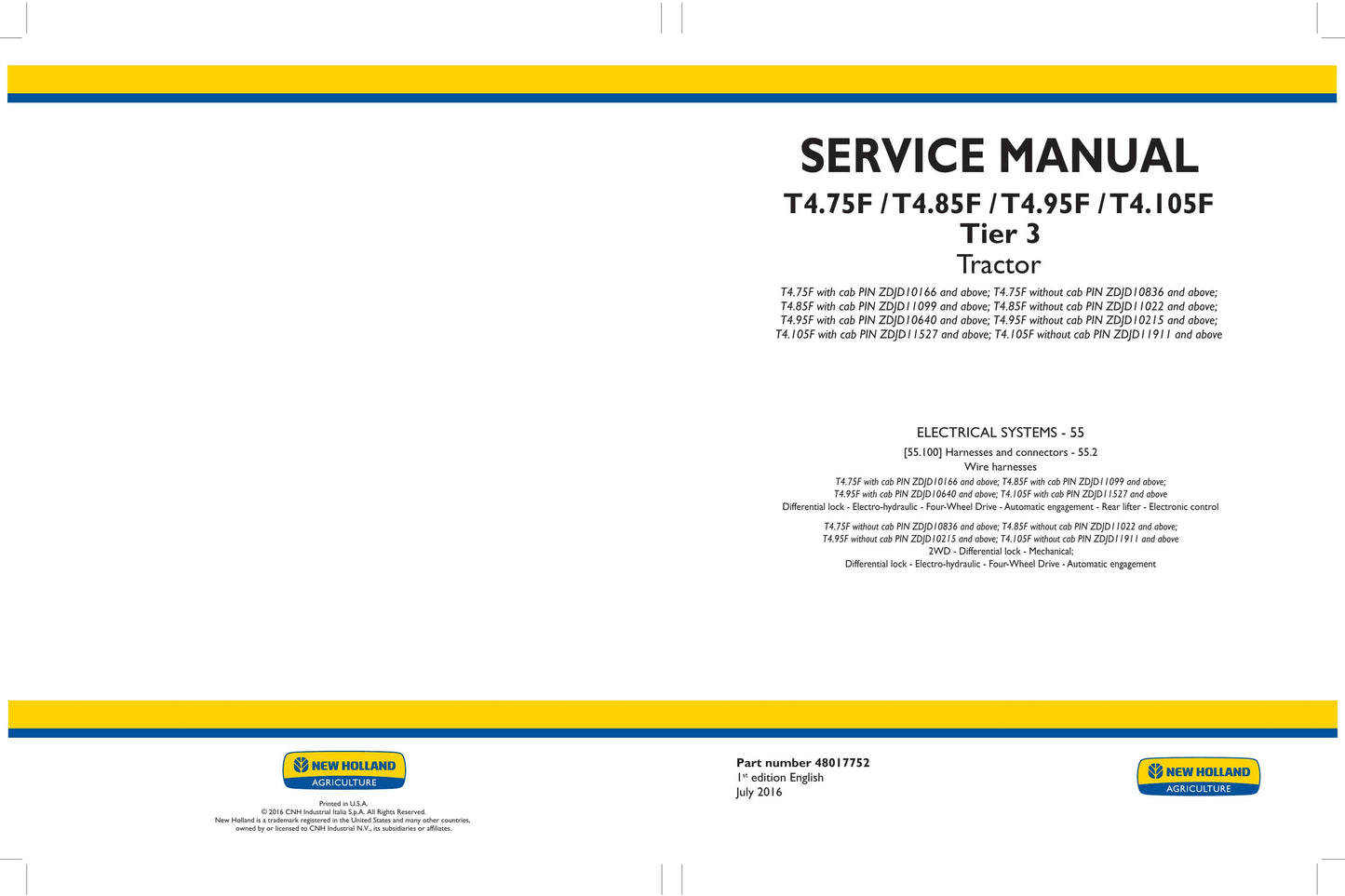 New Holland T4.75F T4.85F T4.95F T4.105F Tractor Factory Workshop Service Manual 48017752