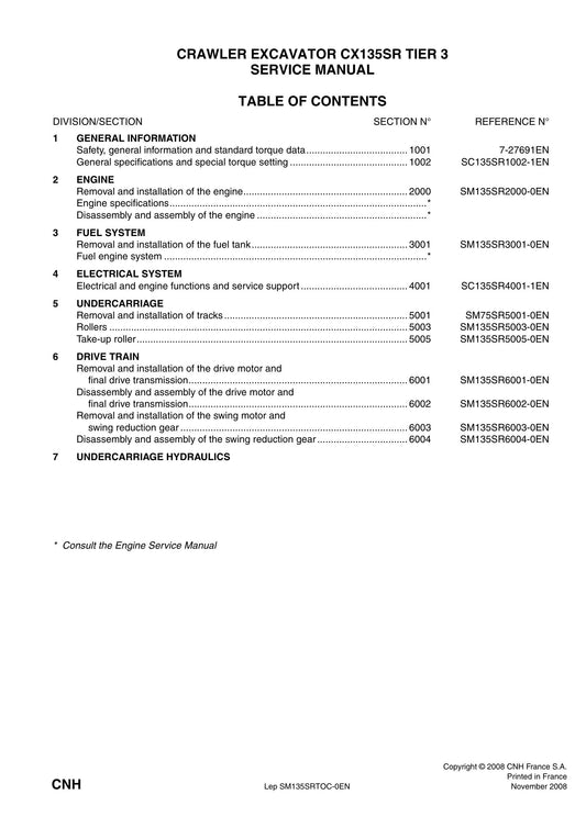 CASE CX135SR Crawler Excavator Factory Workshop Service Manual