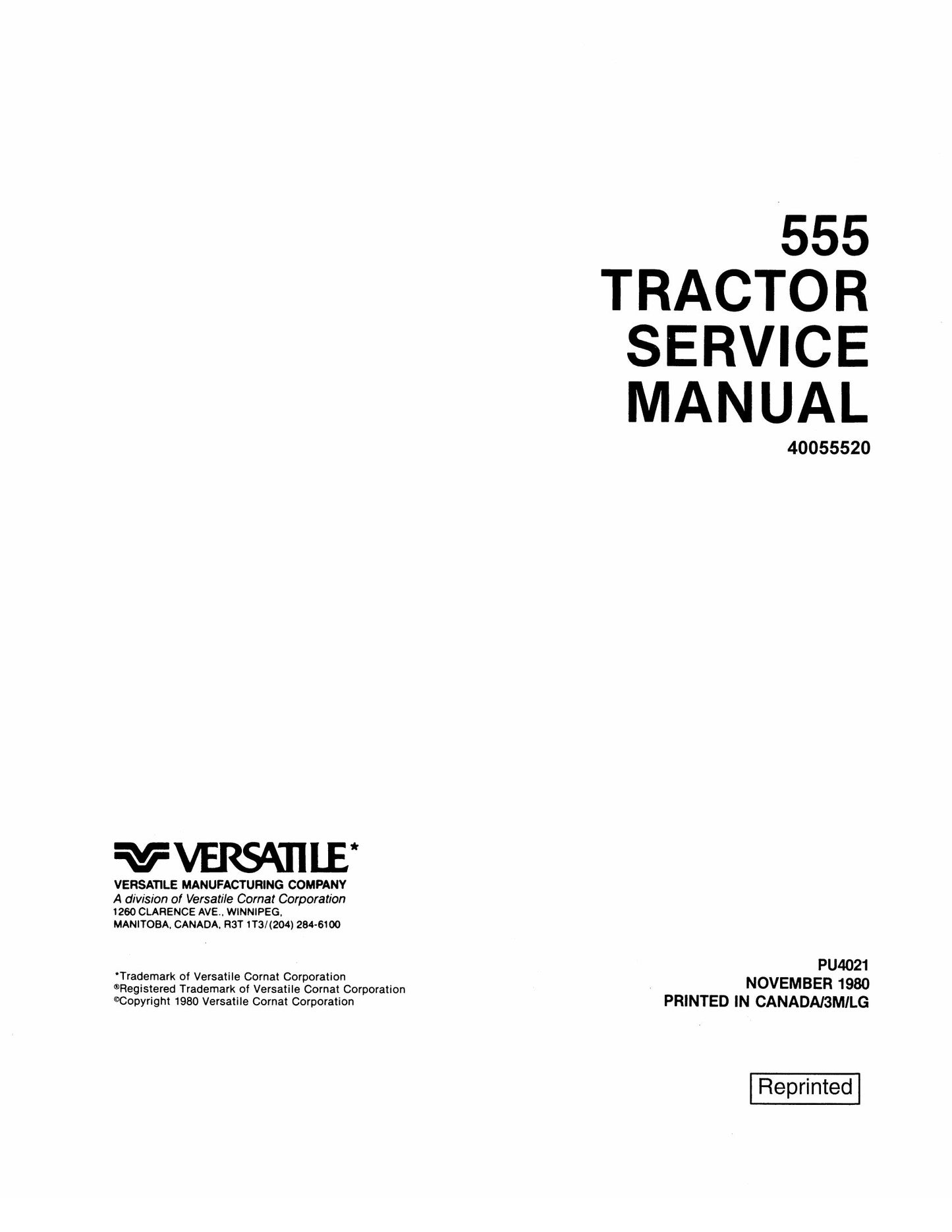 Versatile 555 Tractor Factory Workshop Service Manual 40055520