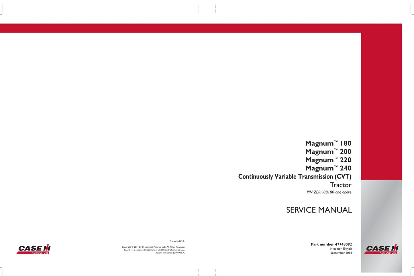 CASE Magnum 180 Magnum 200 Magnum 220 Magnum 240 Tractor Factory Workshop Service Manual 47748092
