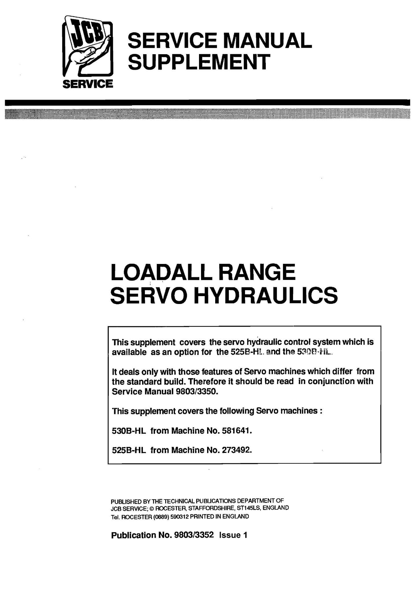 JCB 525B-HL 530B-HL Loadall Factory Workshop Service Manual Supplement 9803/3352