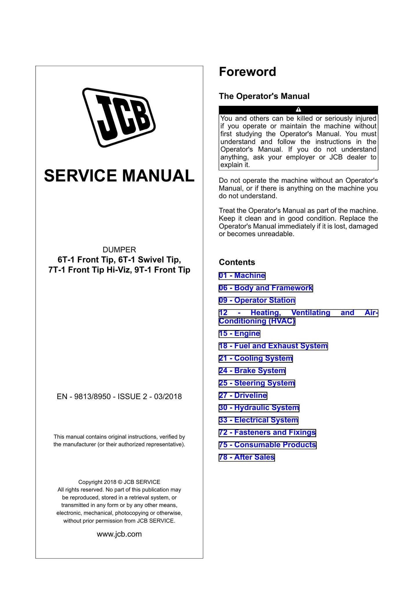JCB 6T-1 6T-1 7T-1 9T-1 Dumper Factory Workshop Service Manual 9813/8950