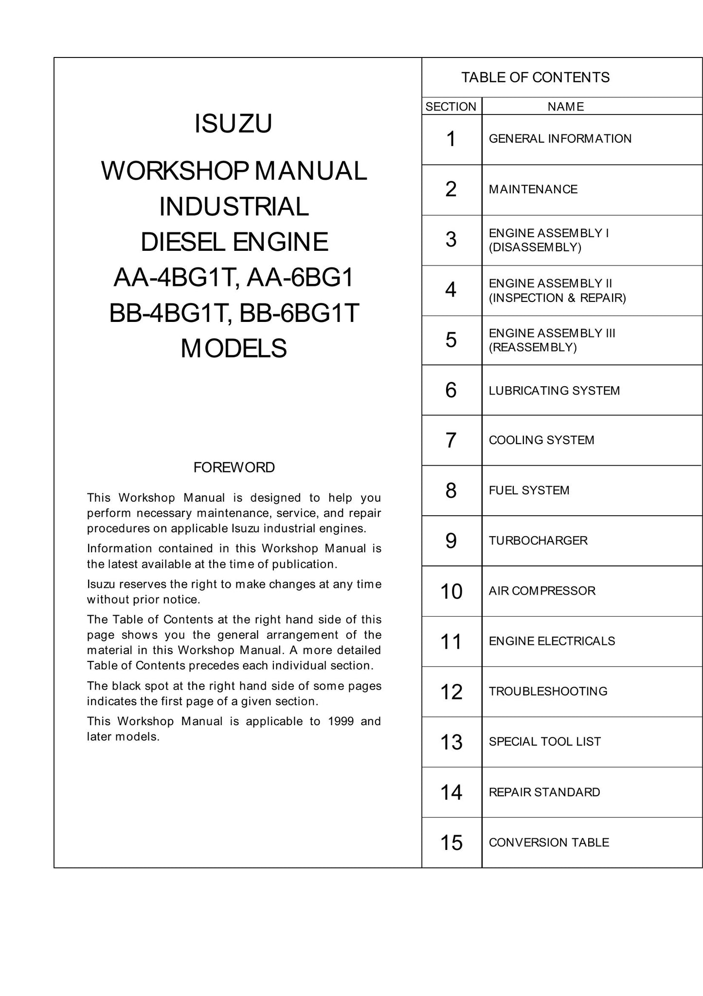 ISUZU AA-4BG1T AA-6BG1 BB-4BG1T BB-6BG1T Industrial Diesel Engine Workshop Manual 9806-2210
