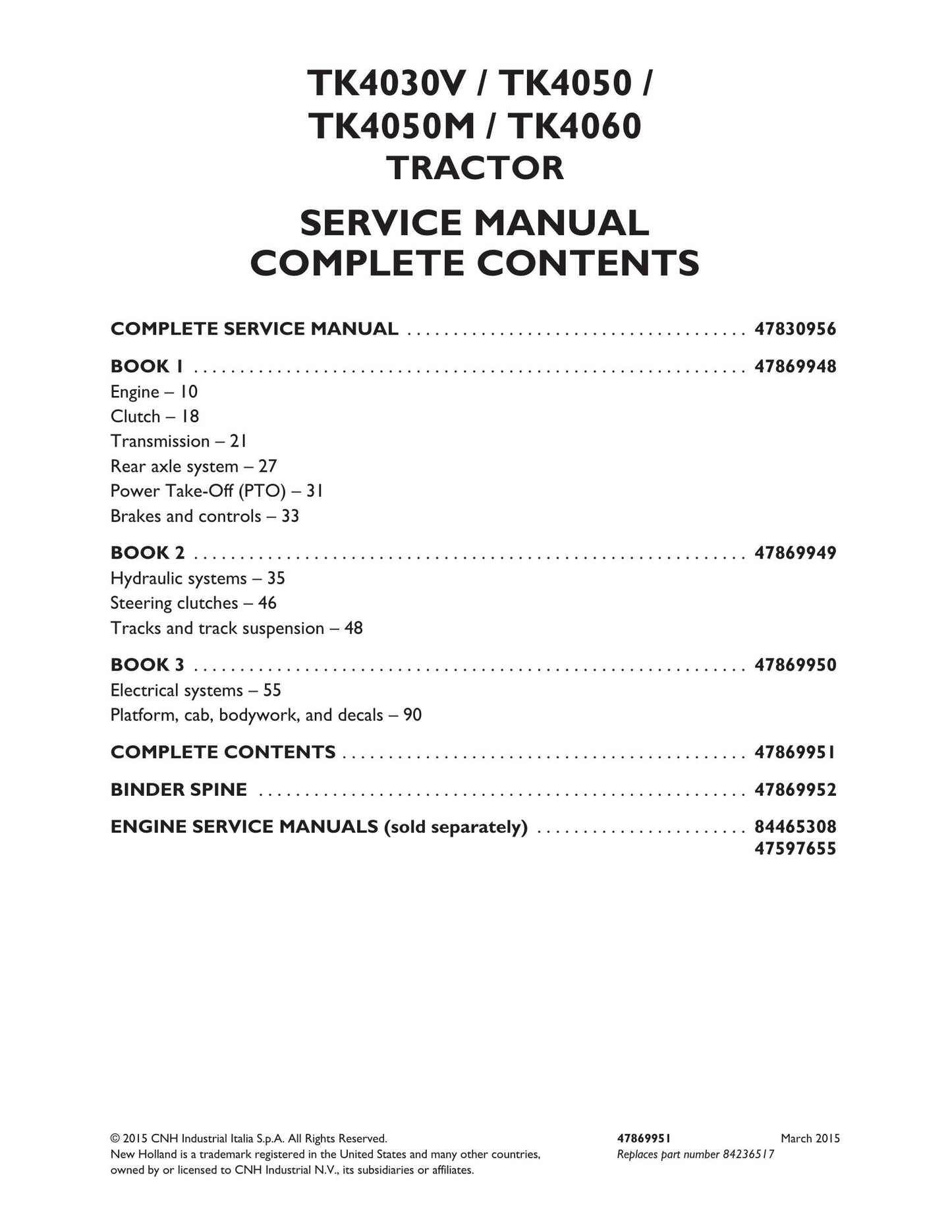 New Holland TK4030V TK4050 TK4050M TK4060 Tractor Factory Workshop Service Manual 47869948