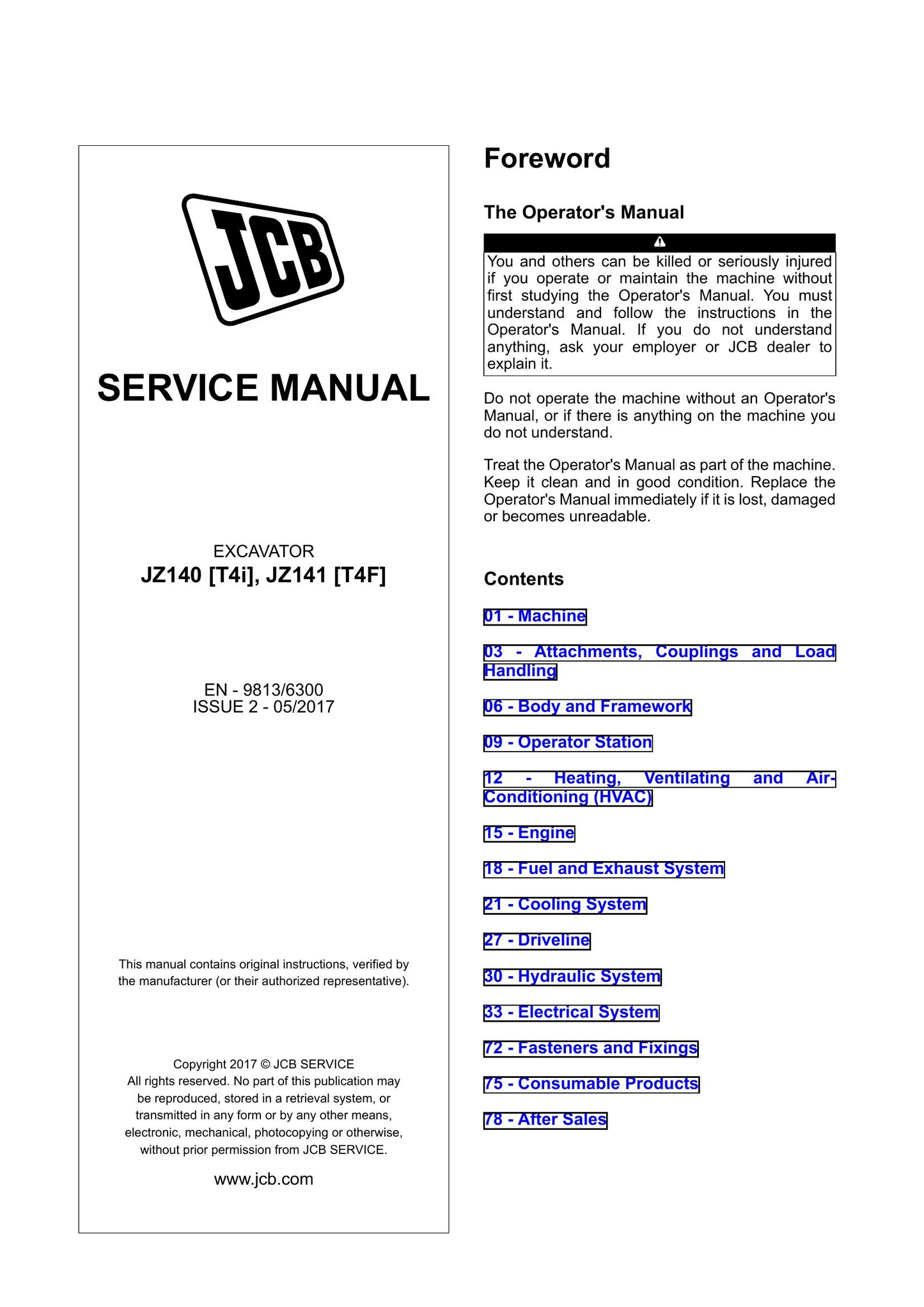 JCB JZ140 JZ141 Crawler Excavator Factory Workshop Service Manual 9813/6300