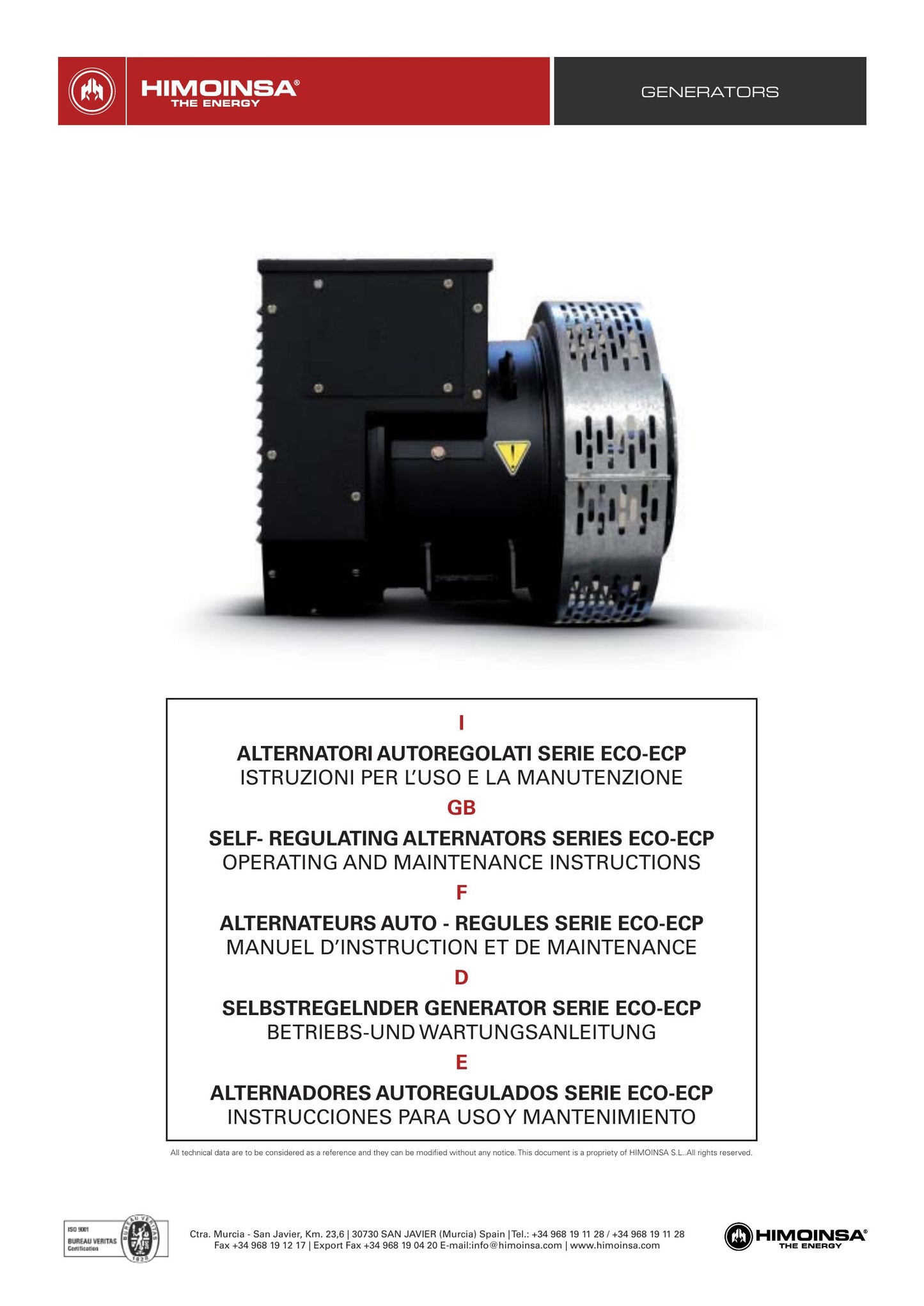 HIMOINSA ECO-ECP Alternator Operating and Maintenance Instructions 9806-4750