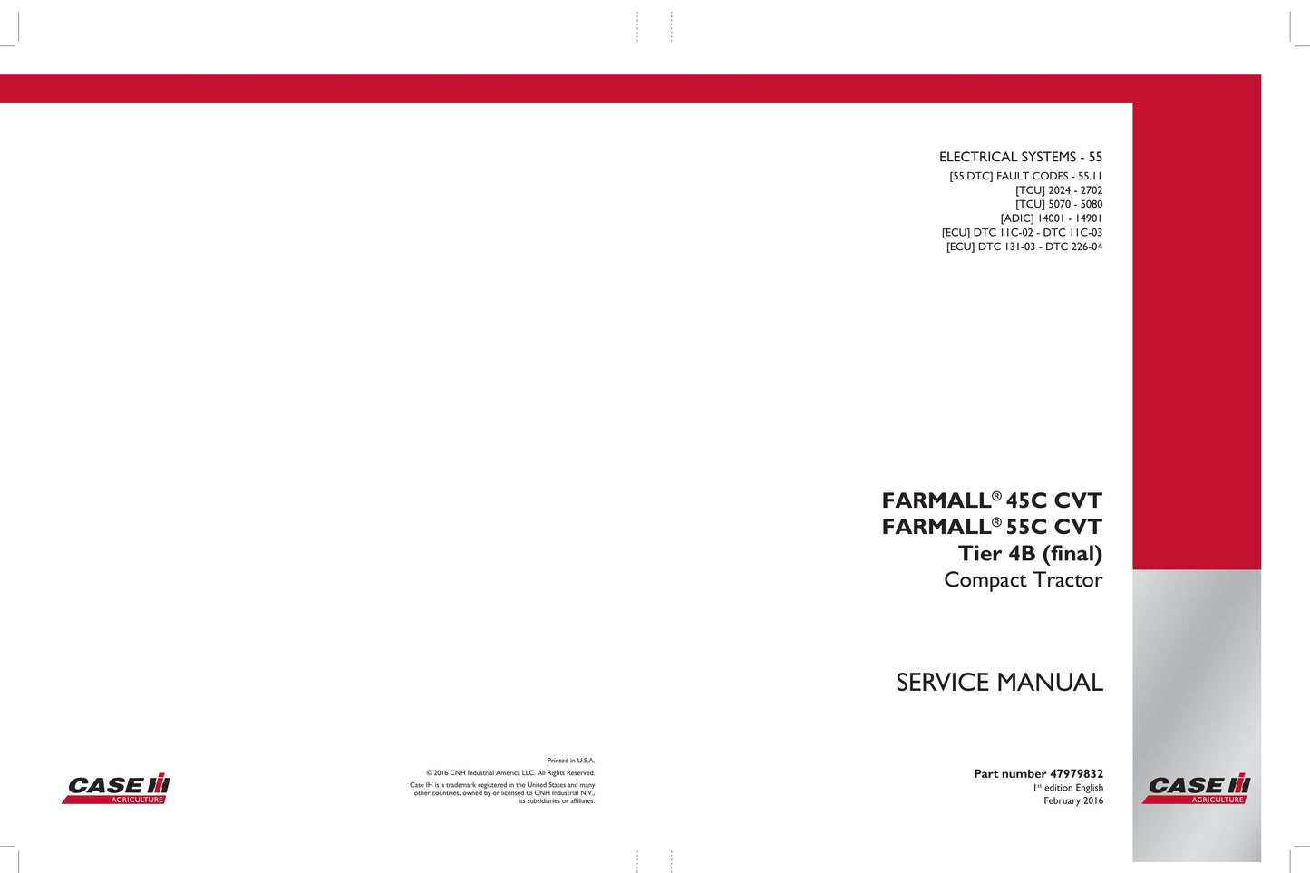 CASE Farmall 45C CVT Farmall 55C CVT Compact Tractor Factory Workshop Service Manual 47979832