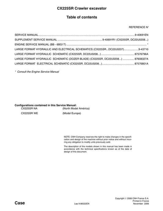CASE CX225SR DC22U0208 DC22U0207 Crawler Excavator Factory Workshop Service Manual 9-40691EN