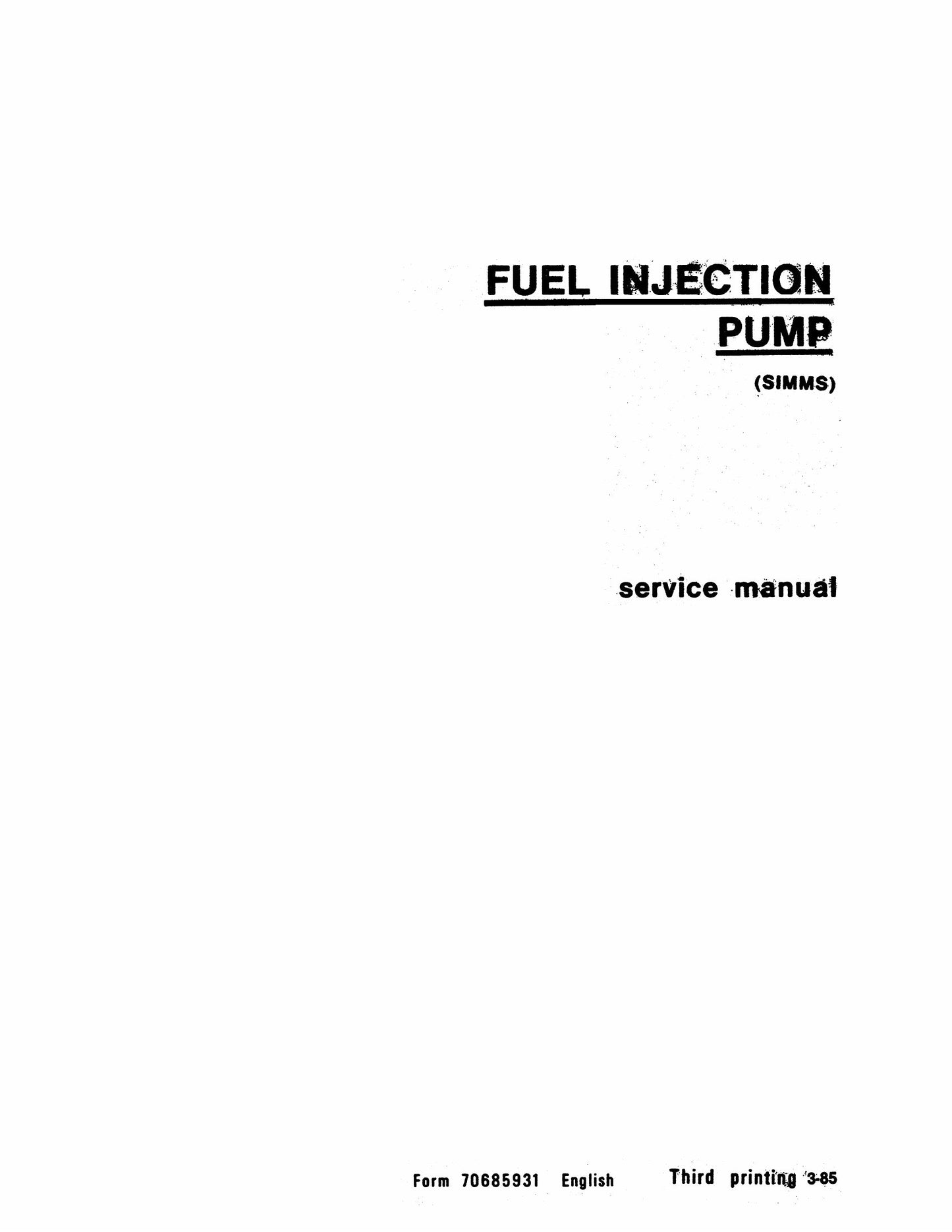 Fiatallis Simms Fuel Injection Pump Factory Workshop Service Manual 70685931