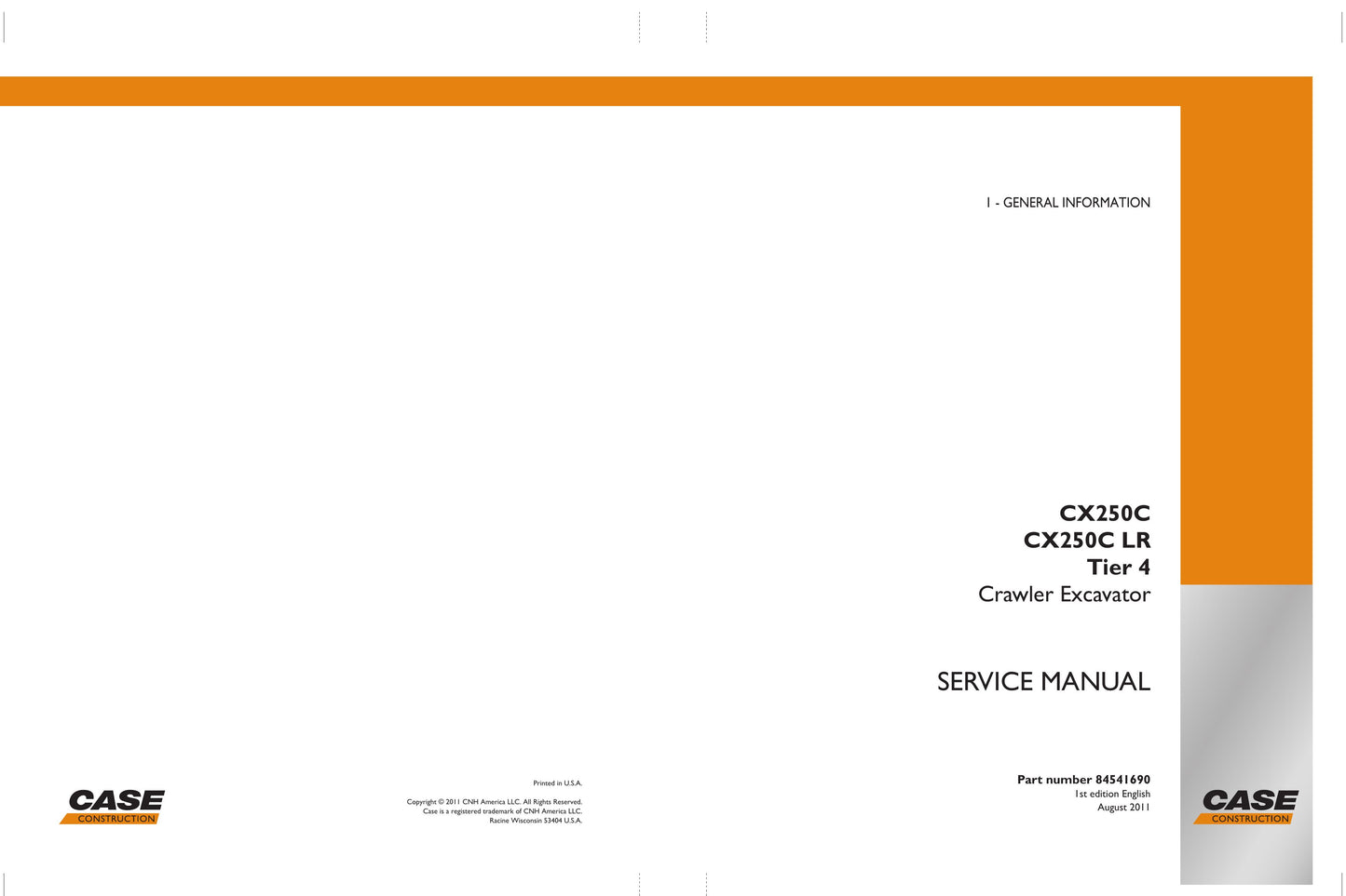 CASE CX250C CX250C LR Crawler Excavator Factory Workshop Service Manual 84541690