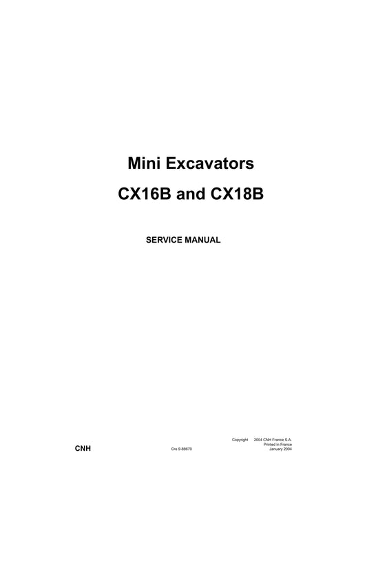 CASE CX16B CX18B Mini Excavator Factory Workshop Service Manual Cre 9-88670