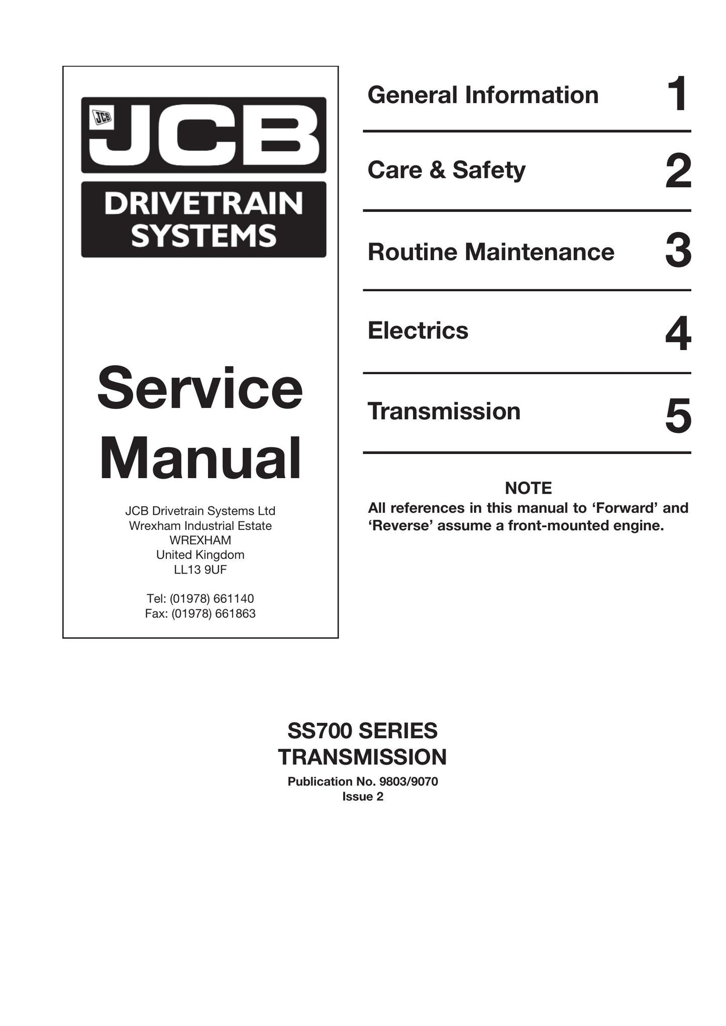 JCB SS700 Series Transmission Factory Workshop Service Manual 9803/9070