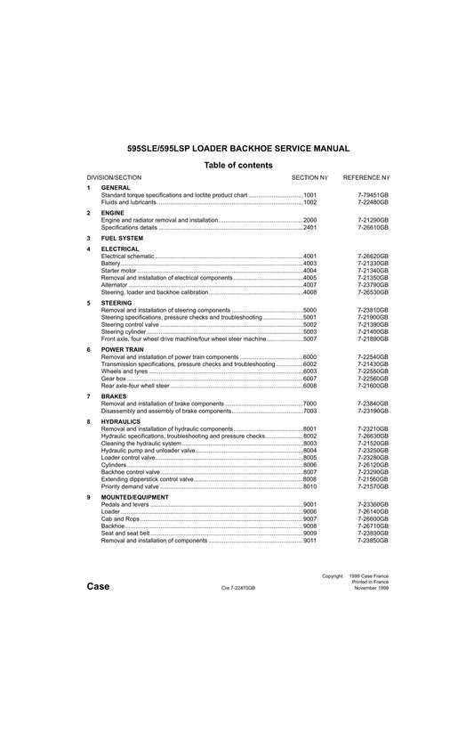 CASE 595SLE 595LSP Backhoe Loader Factory Workshop Service Manual