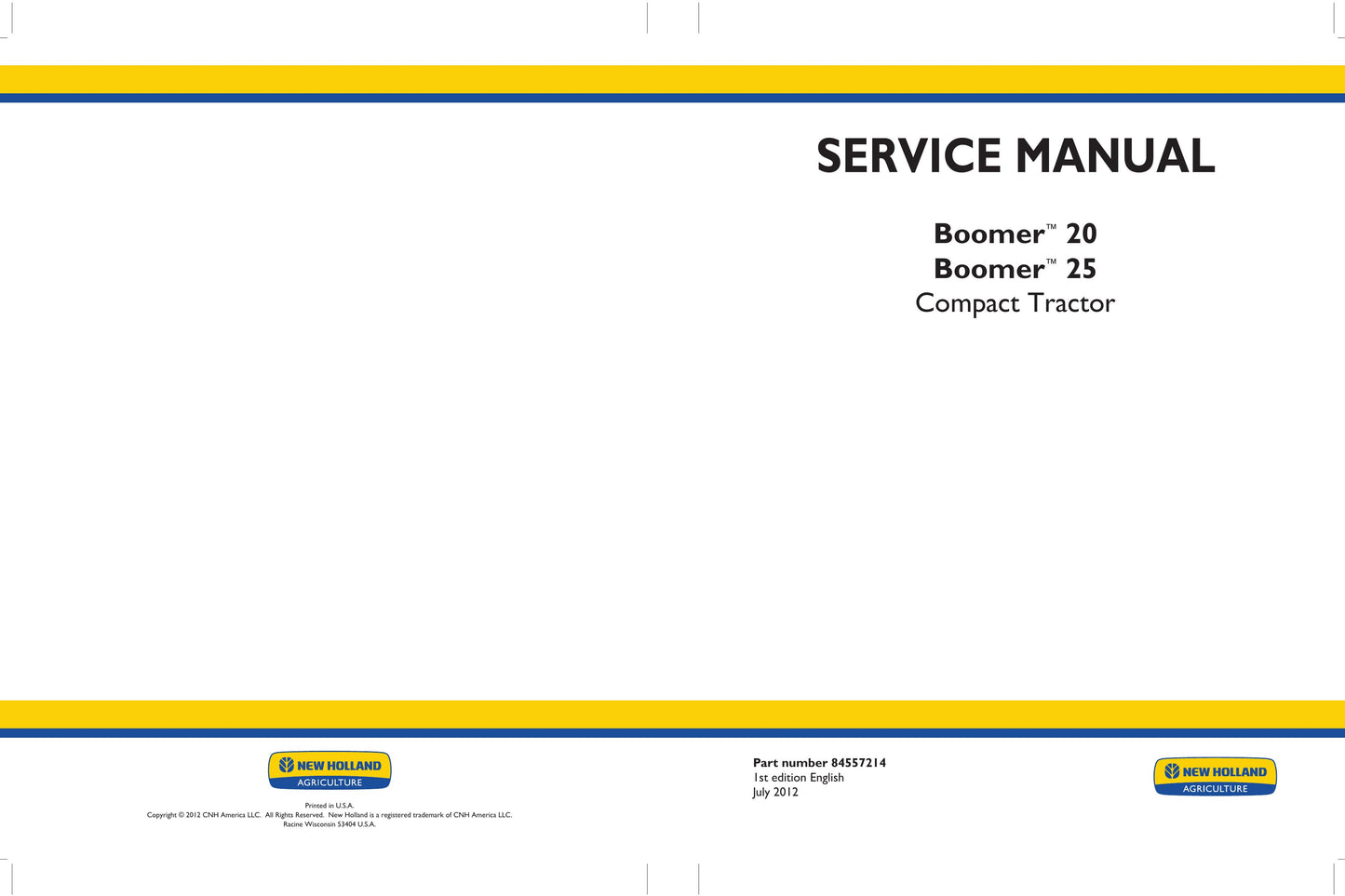 New Holland Boomer 20 Boomer 25 Compact Tractor Factory Workshop Service Manual 84557214