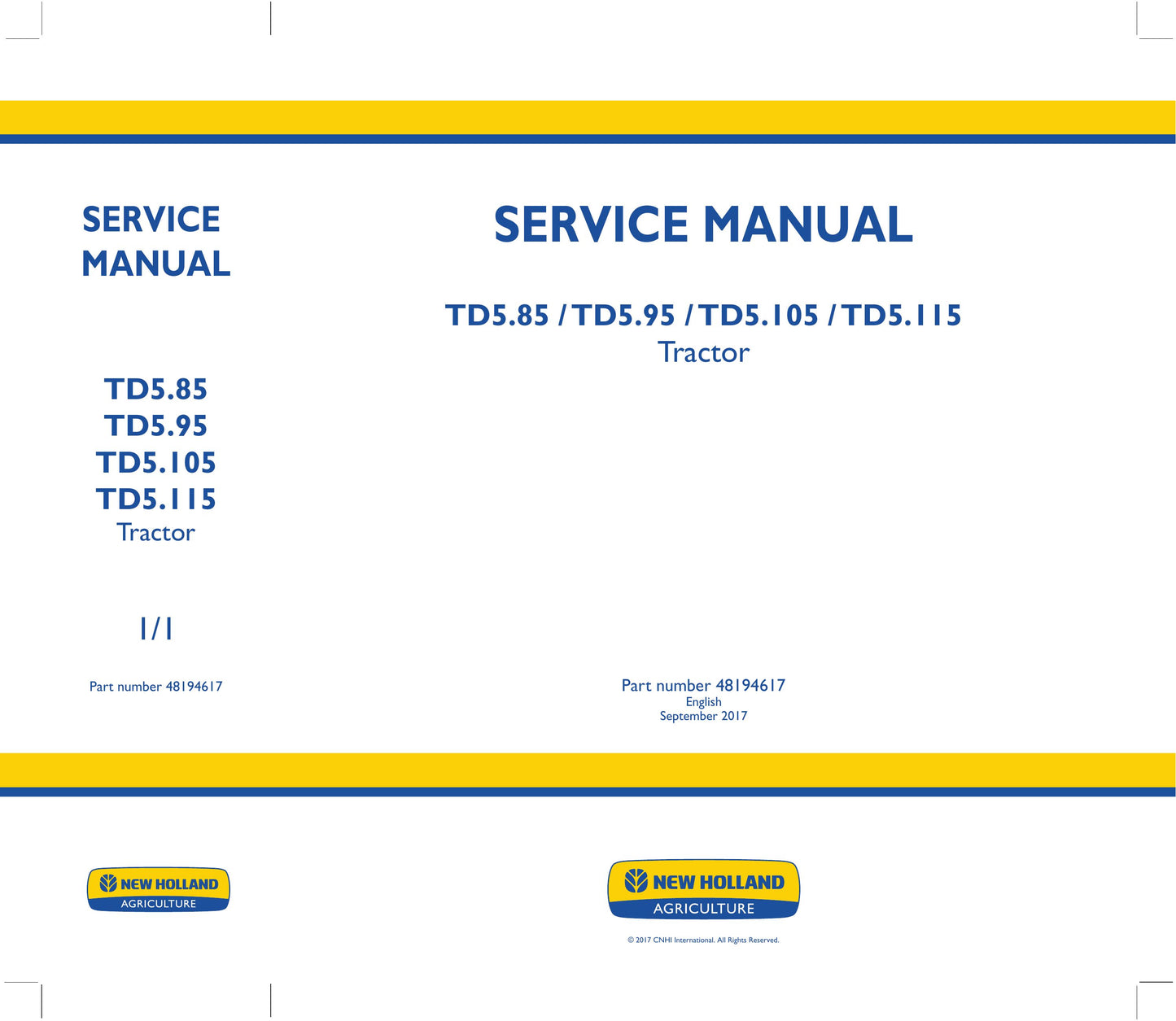New Holland TD5.85 TD5.95 TD5.105 TD5.115 Tractor Factory Workshop Service Manual 48194617