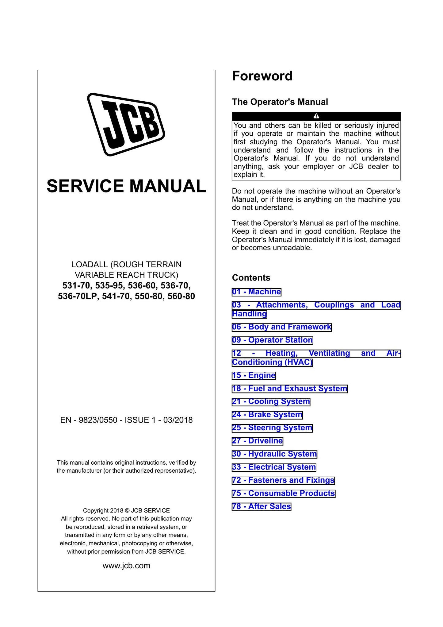 JCB 531-70 535-95 536-60 536-70 536-70LP 541-70 550-80 560-80 Loadall Factory Workshop Service Manual 9823/0550