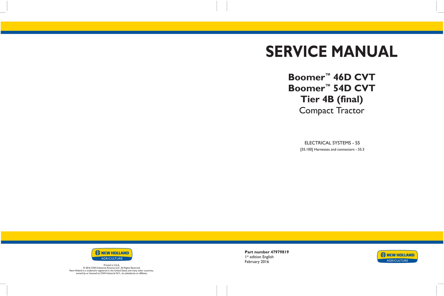 New Holland Boomer 46D CVT Boomer 54D CVT Compact Tractor Factory Workshop Service Manual 47979819