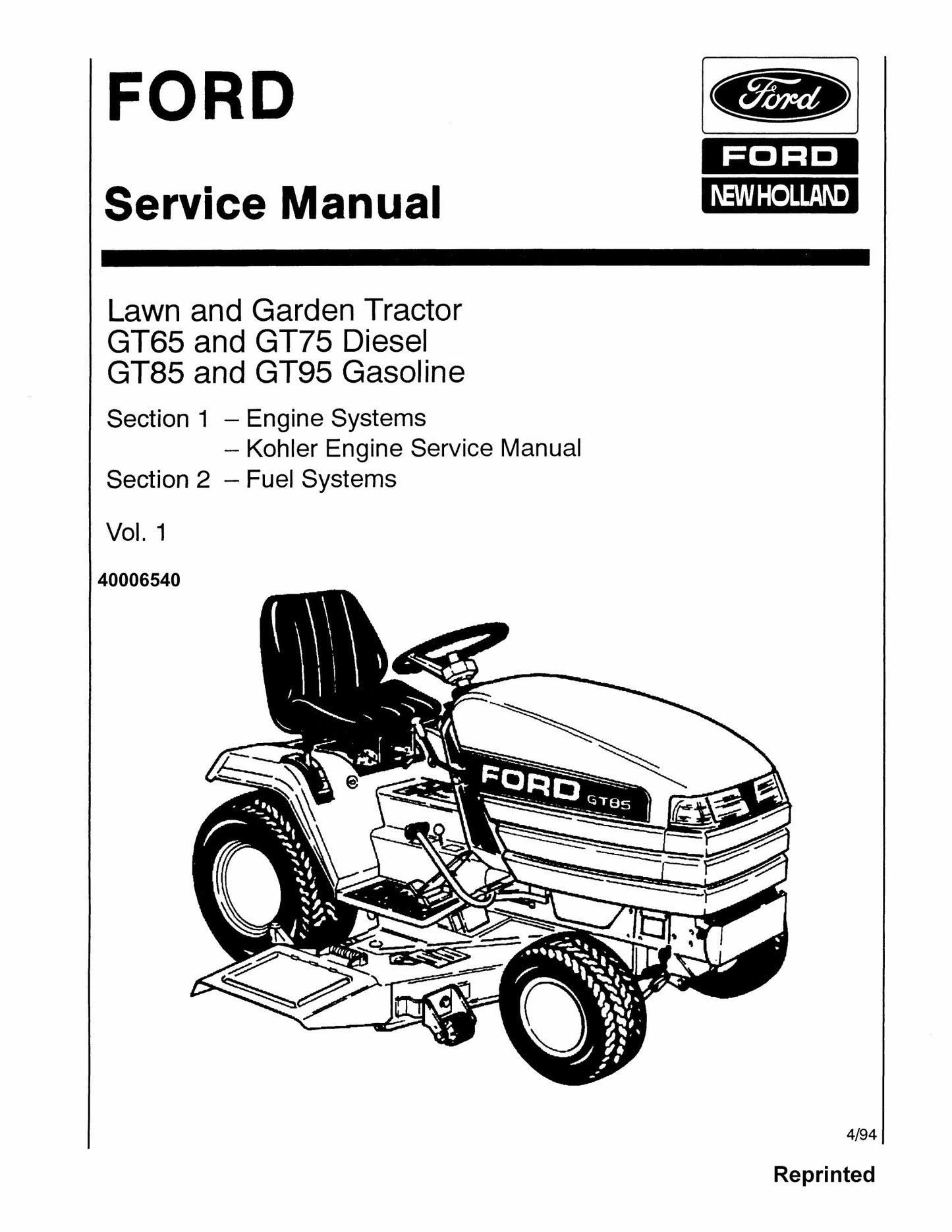 FORD GT65 GT75 GT85 GT95 Lawn and Garden Tractor Factory Workshop Service Manual 40006540