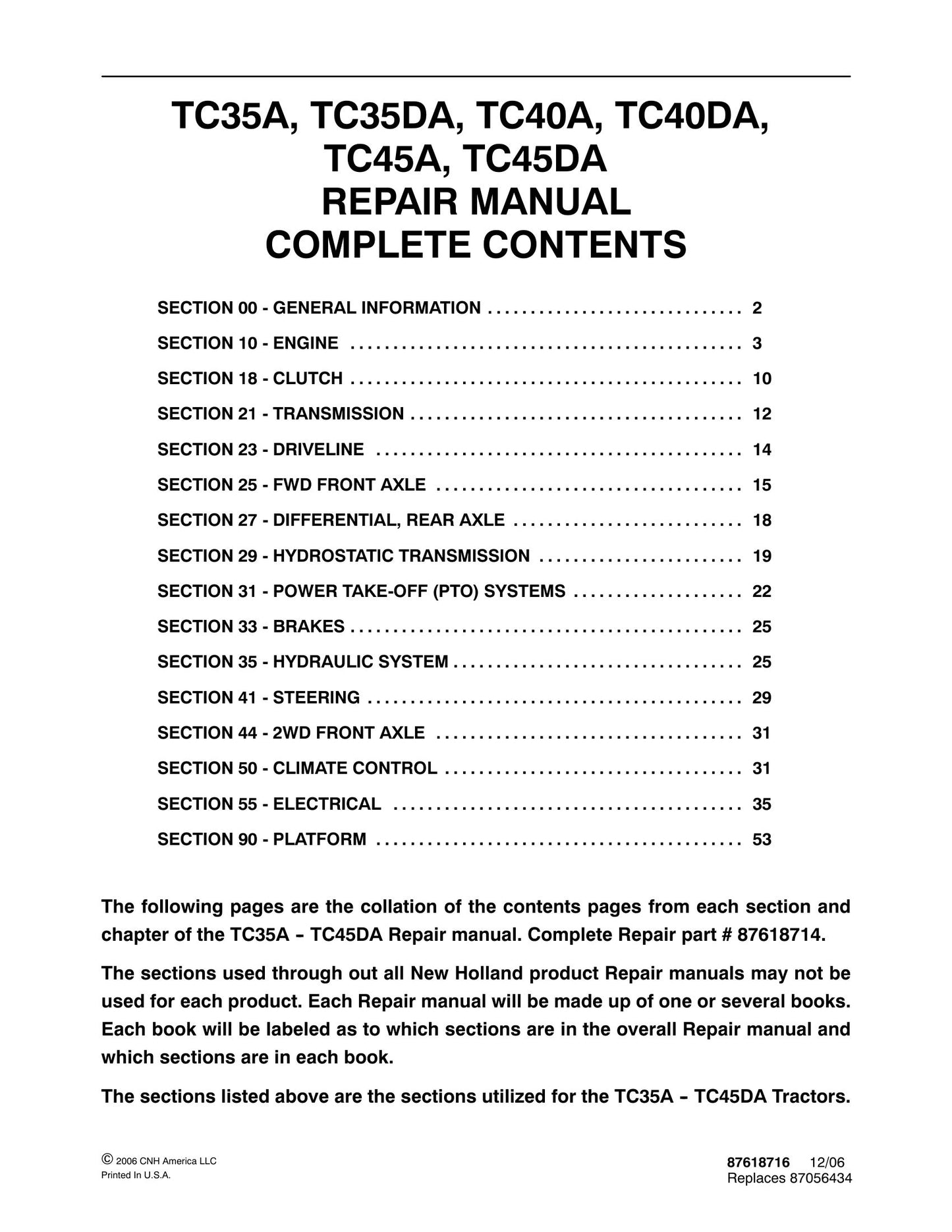 New Holland TC35A TC35DA TC40A TC40DA TC45A TC45DA Tractor Factory Workshop Repair Manual 87618716