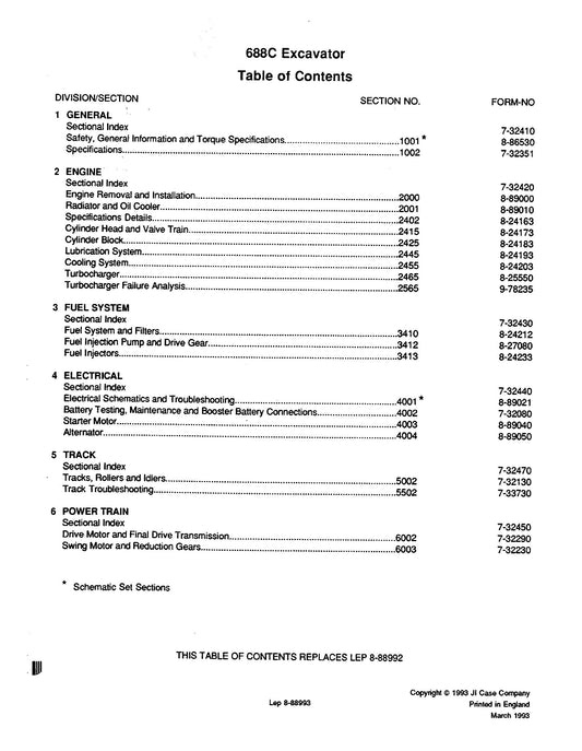 CASE 688C Crawler Excavator Factory Workshop Parts Catalog Lep.8-88993