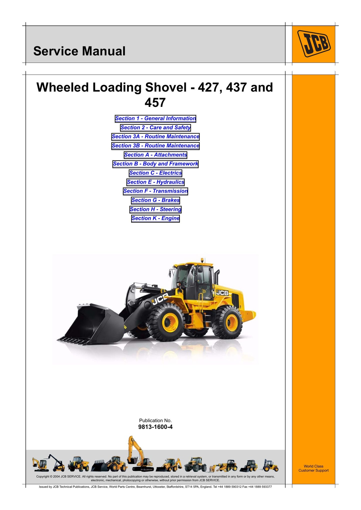 JCB 427 437 457 Wheeled Loading Shovel Factory Workshop Service Manual 9813-1600-3
