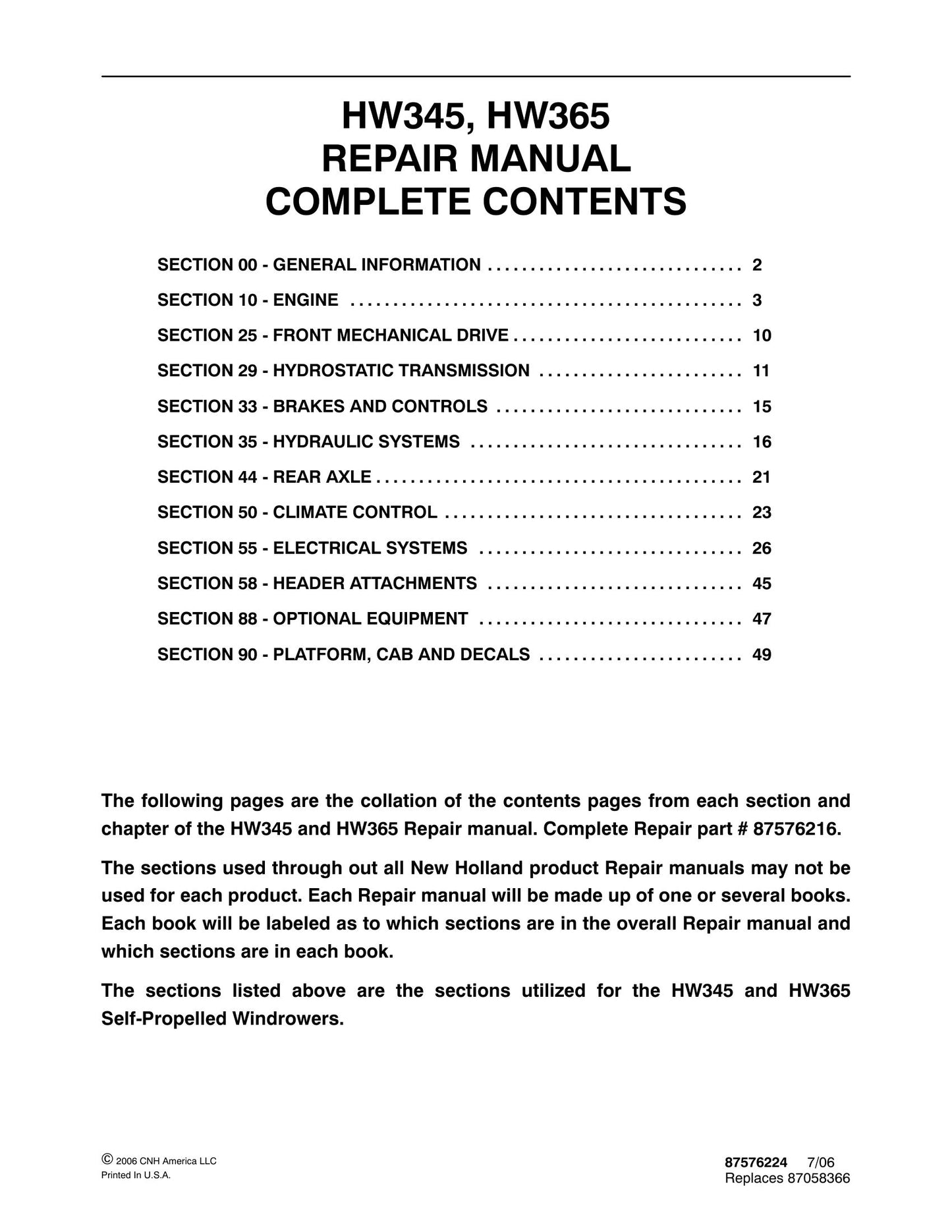 New Holland HW345 HW365 Self-Propelled Windrower Factory Workshop Repair Manual 87576224