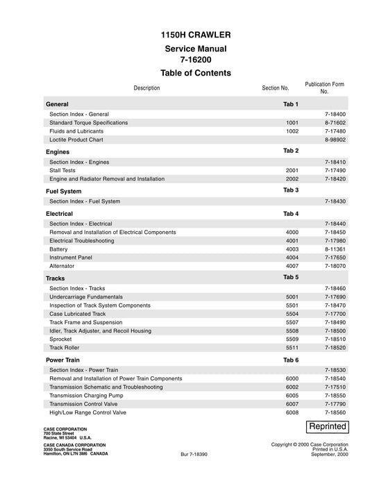 CASE 1150H CRAWLER Bulldozer Factory Workshop Service Manual 7-16200