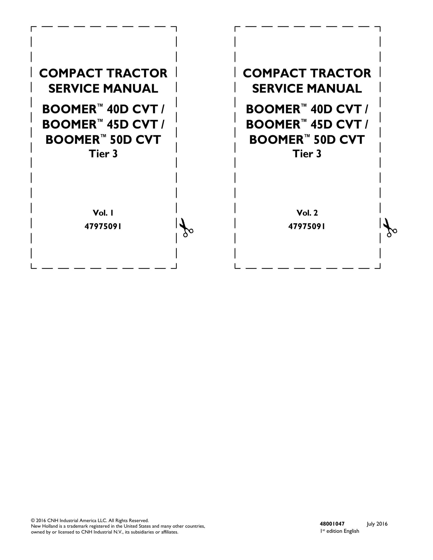 New Holland Boomer 40D CVT Boomer 45D CVT Boomer 50D CVT Compact Tractor Factory Workshop Service Manual 48001043