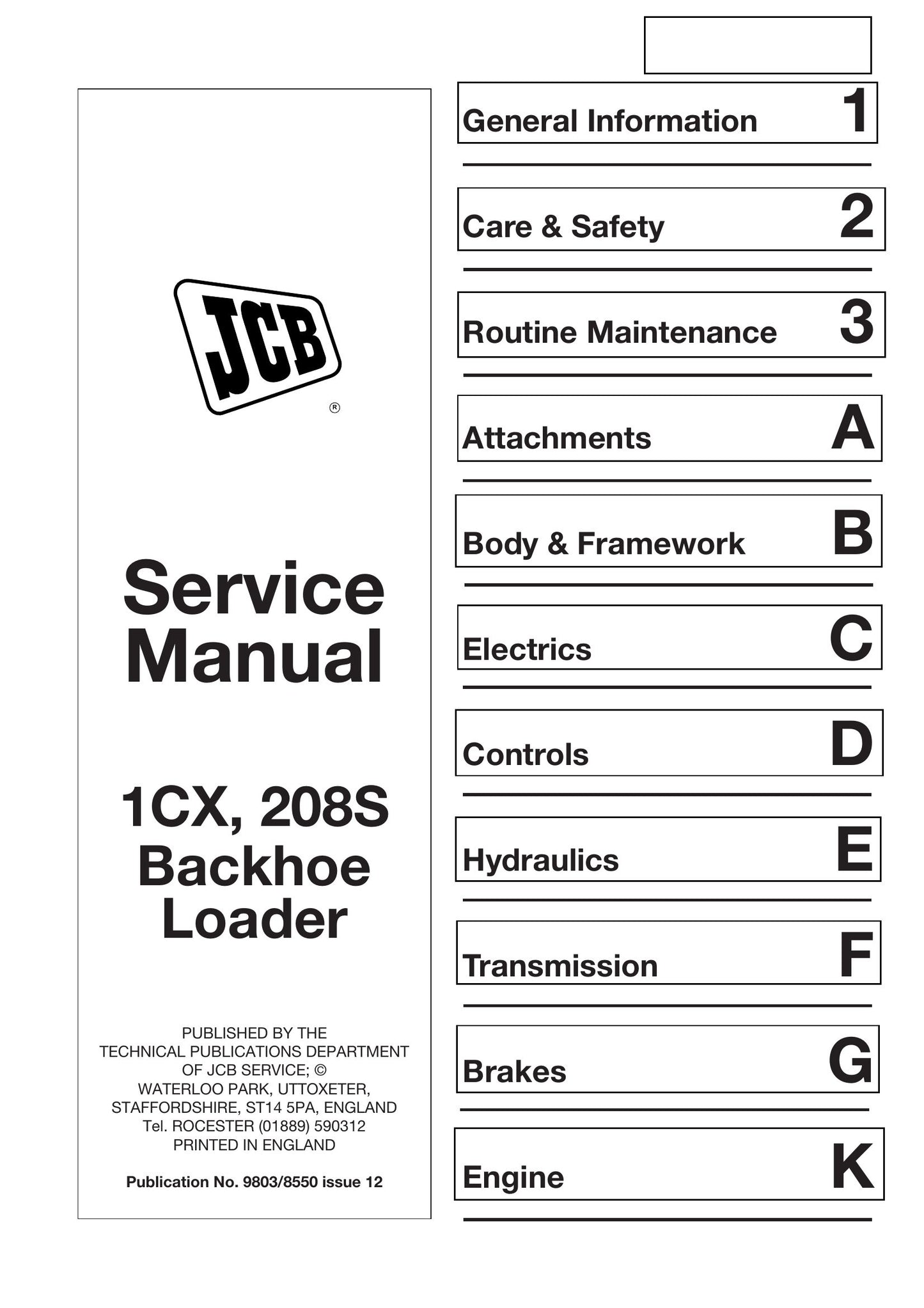 JCB 1CX 208S Backhoe Loader Factory Workshop Service Manual 9803/8550