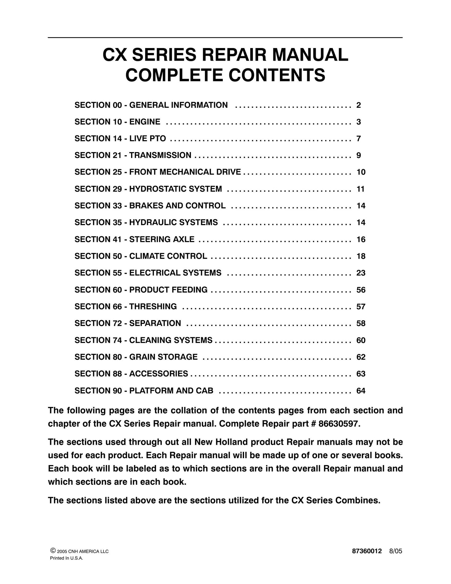 New Holland CX860 CX880 Combine Factory Workshop Repair Manual 87360012