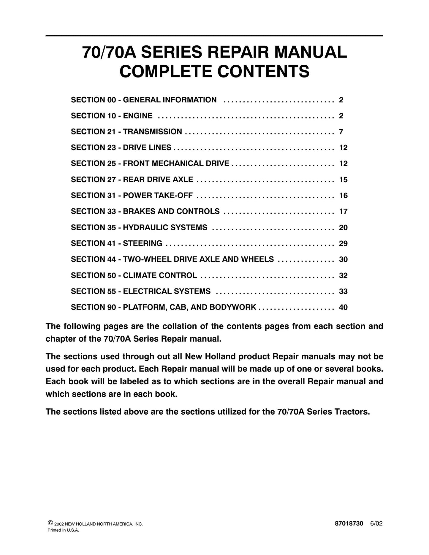 New Holland 70 70A Series Tractor Factory Workshop Repair Manual 87018730