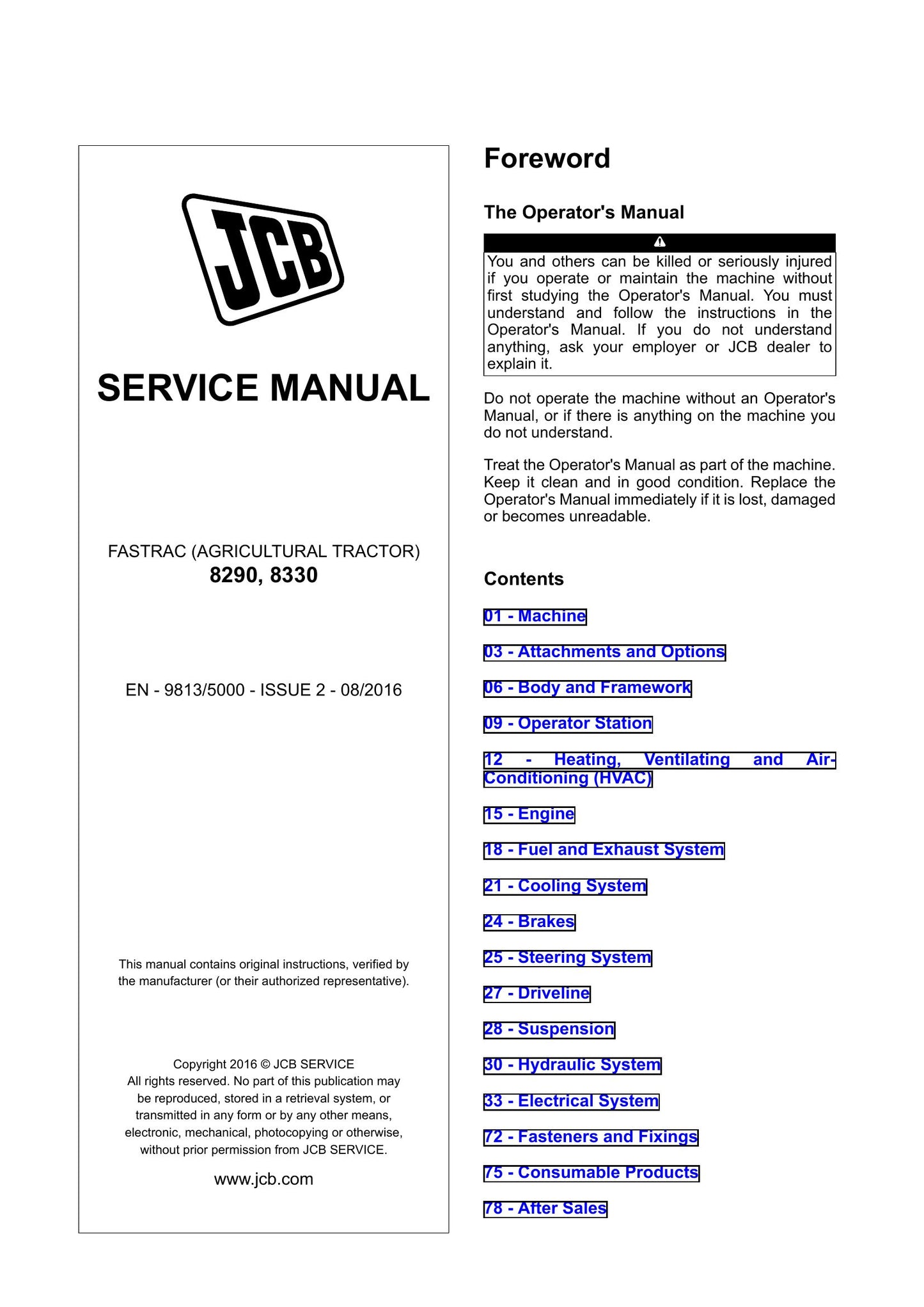 JCB 8290 8330 Fastrac Tractor Factory Workshop Service Manual 9813/5000