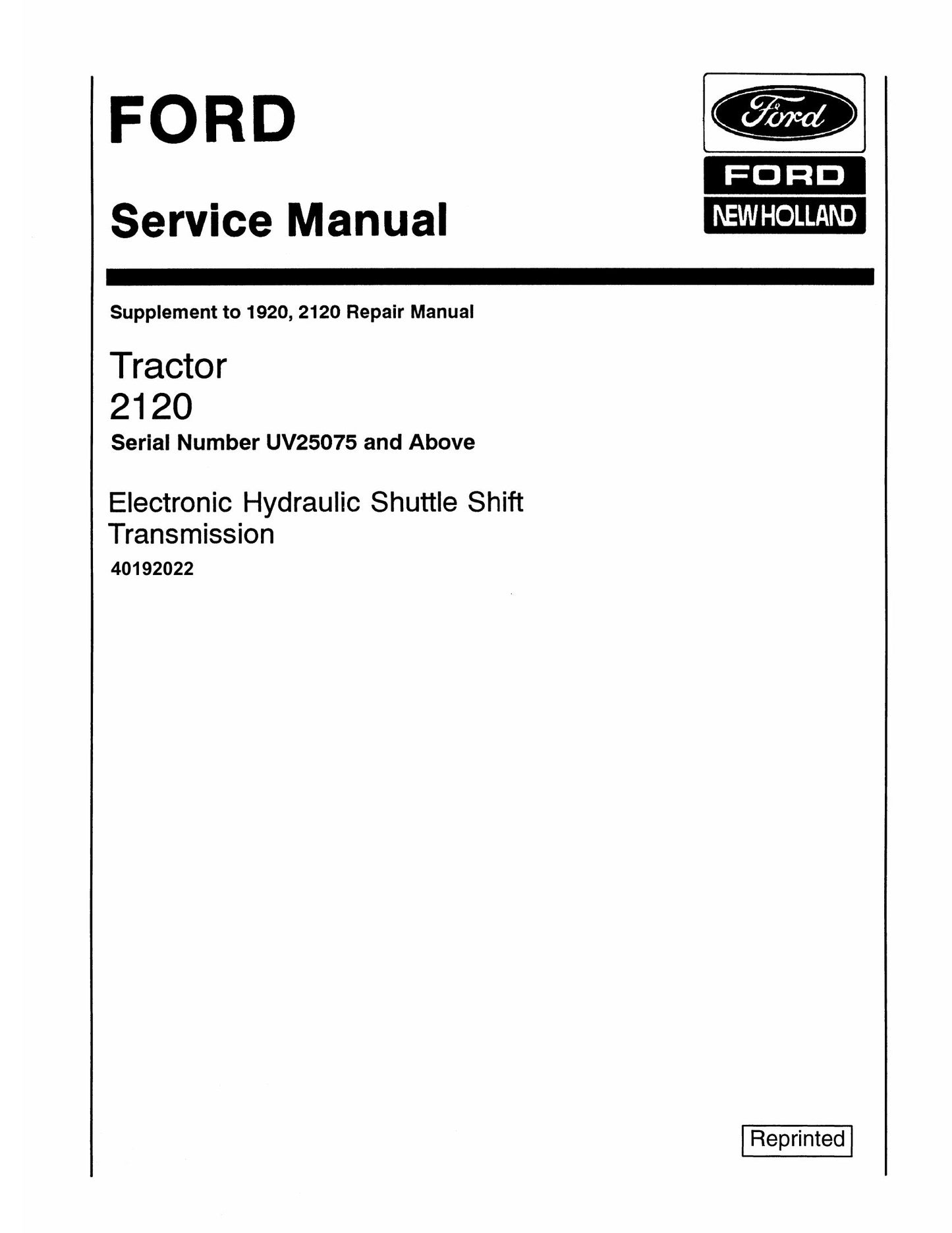 Ford New Holland 2120 Tractor Factory Workshop Service Manual 40192022